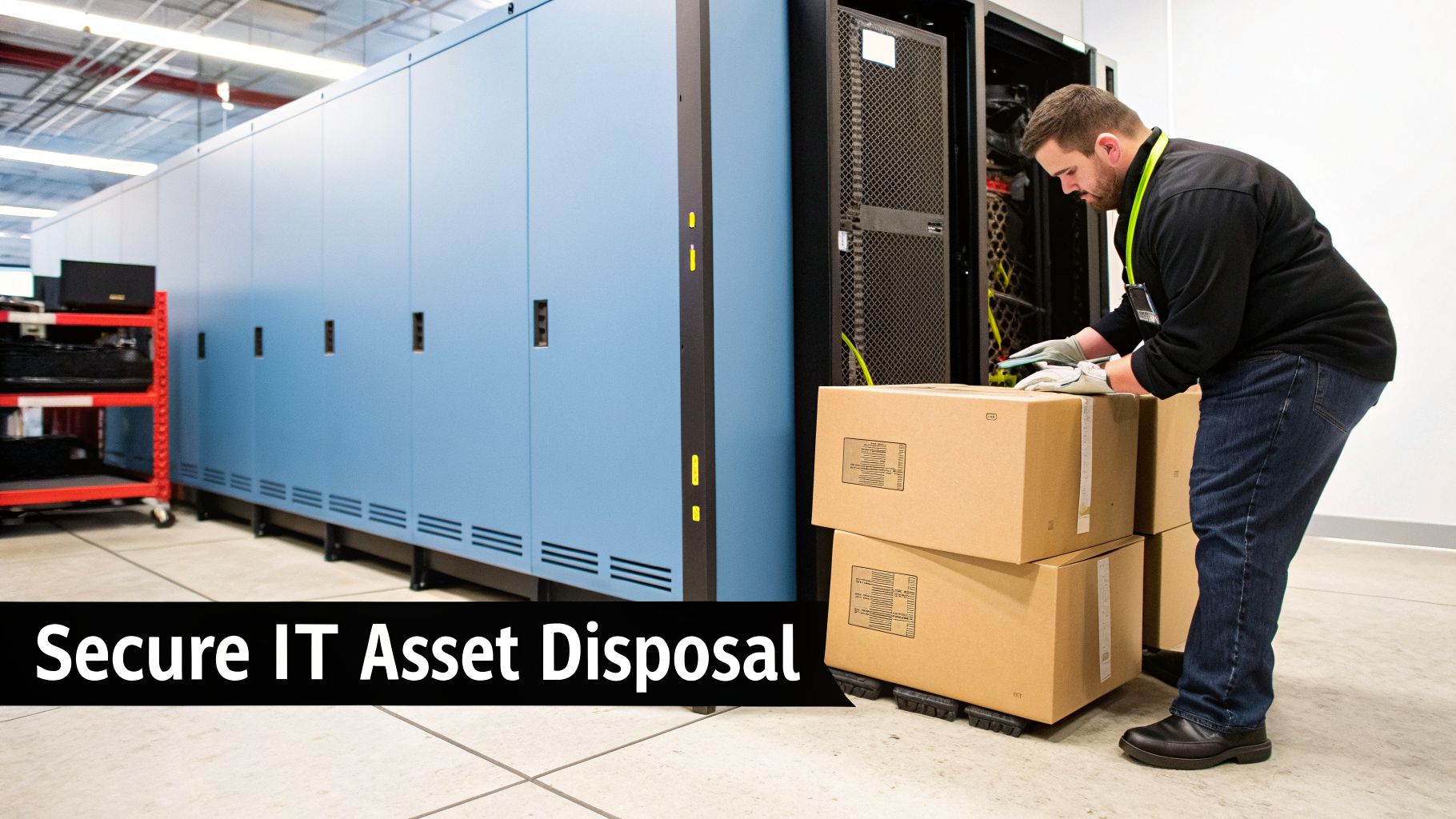 Man in a server room handling boxes for secure IT asset disposal next to large data racks.