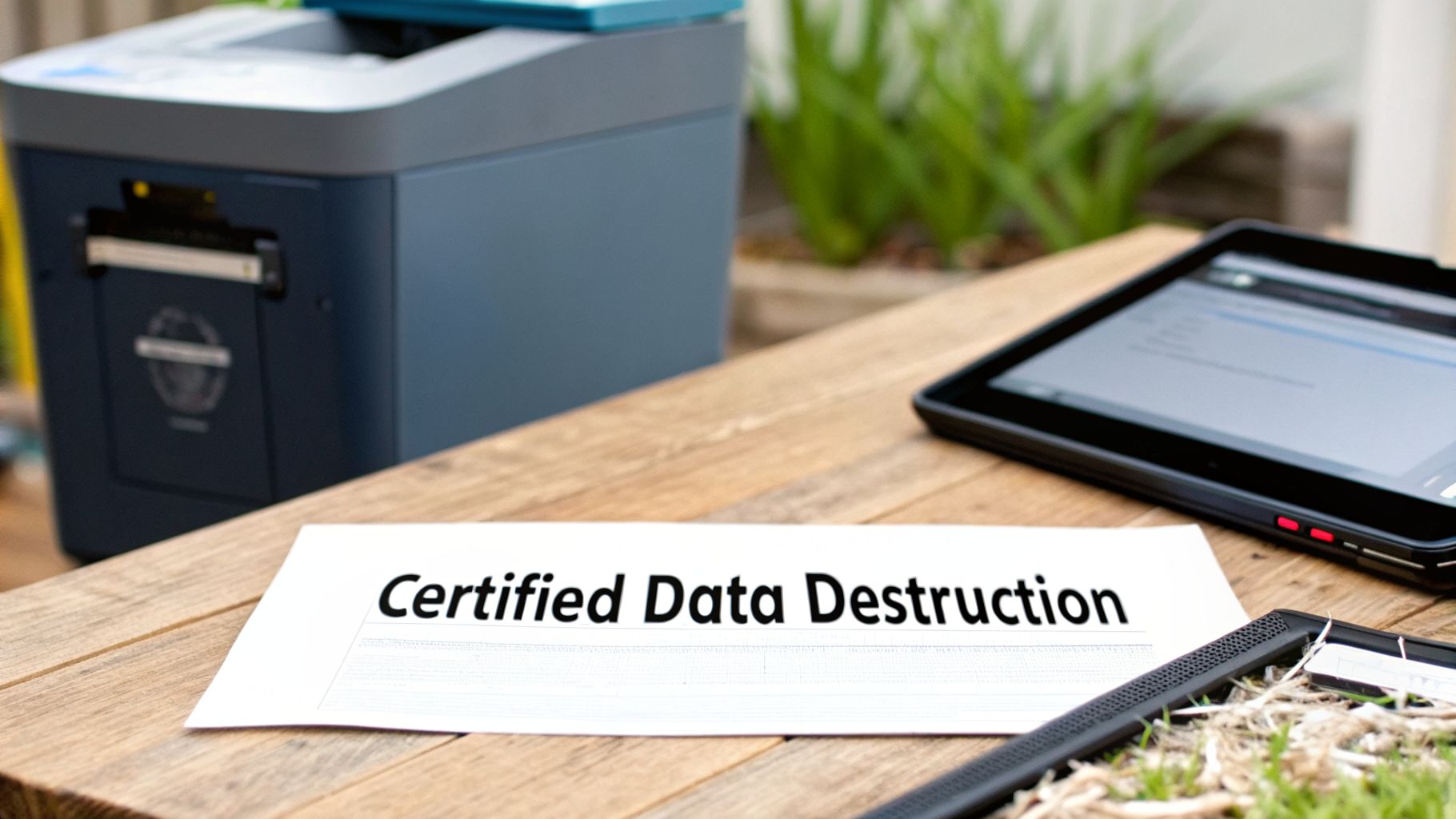 A document labeled 'Certified Data Destruction' rests on a wooden table next to a data shredder and a tablet.