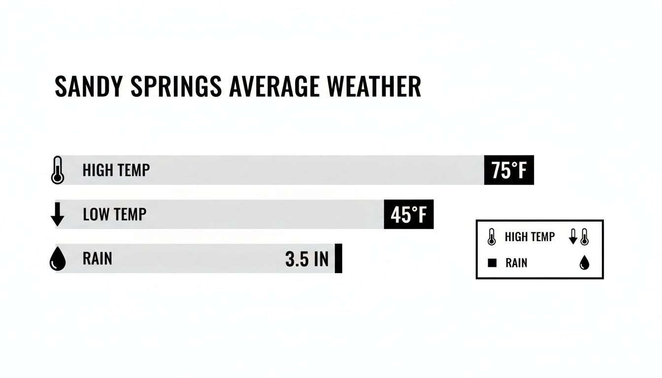 Sandy Springs average weather graphic displaying high and low temperatures, and rainfall.