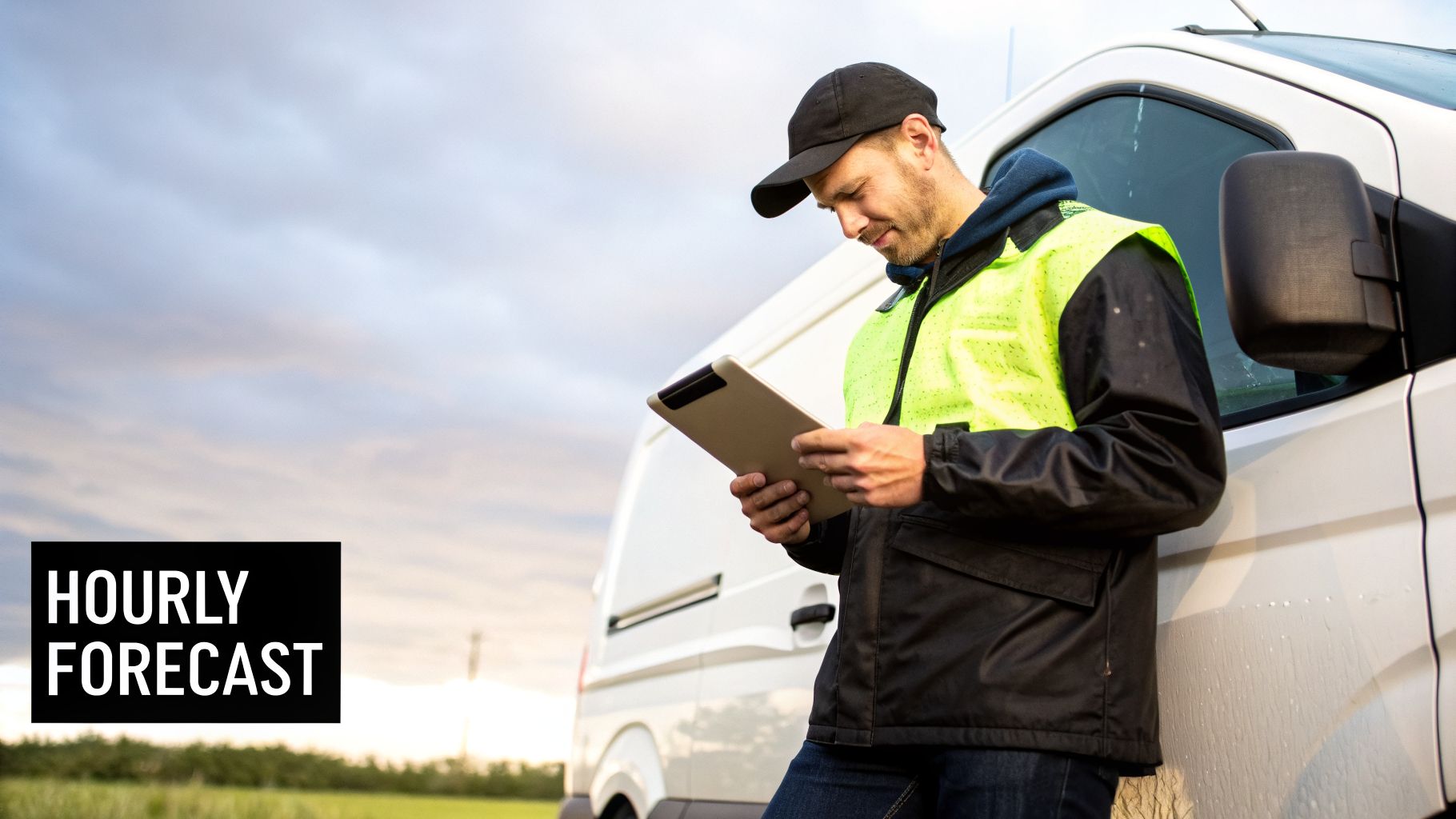 A delivery worker in a safety vest checks a tablet beside a white van, likely viewing a forecast.