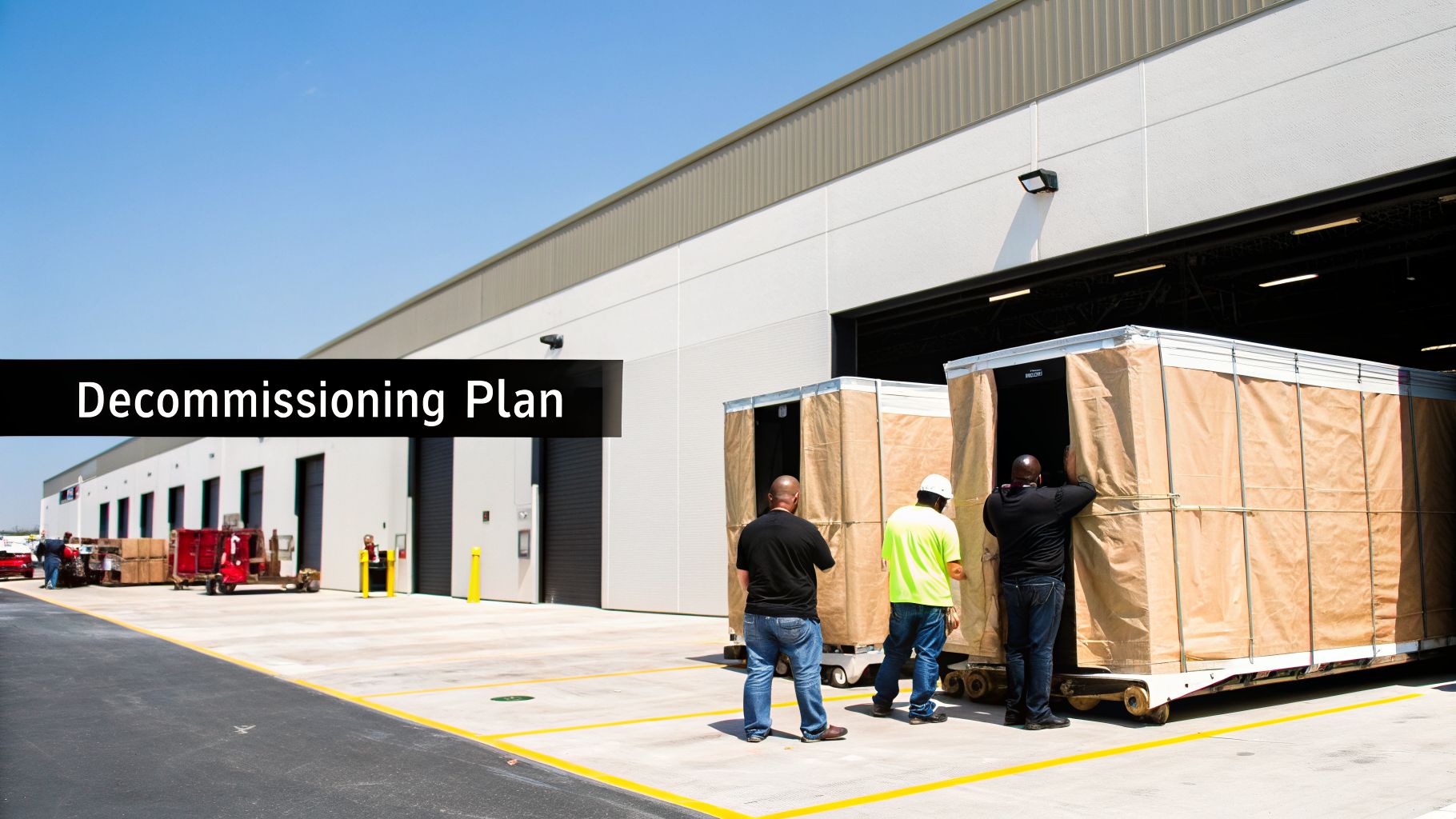 Workers load large containers at a warehouse loading dock under a clear sky, marked "Decommissioning Plan".
