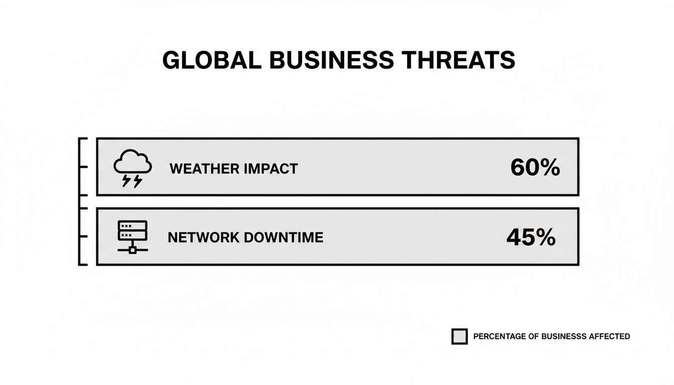 Infographic showing global business threats: weather impact affecting 60% and network downtime affecting 45% of businesses.