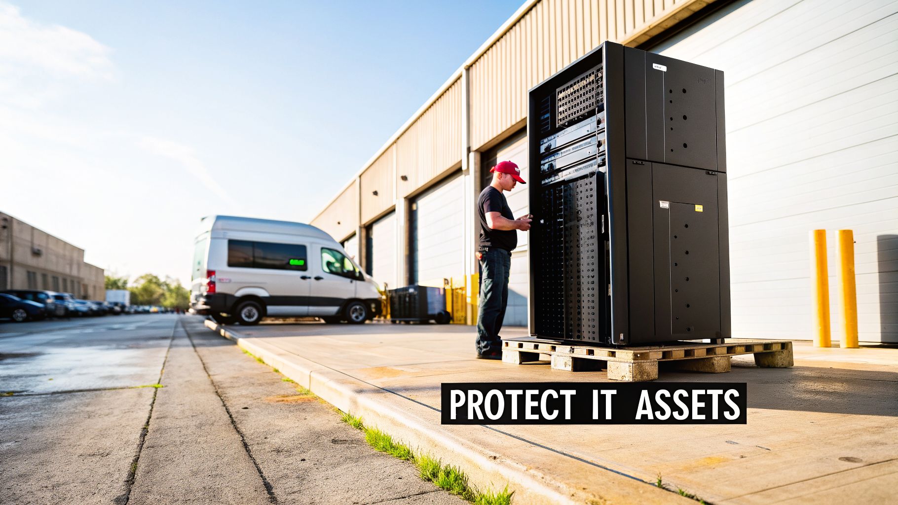 A technician works on a large outdoor server rack, protecting IT assets near a white delivery van and warehouse.