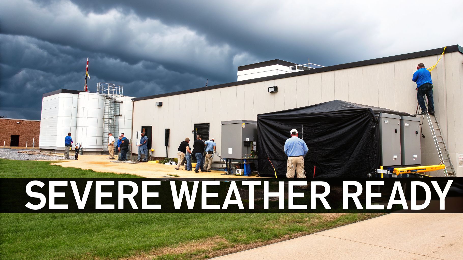 Workers prepare a modern facility with large tanks and equipment under a dark, cloudy, severe weather sky.