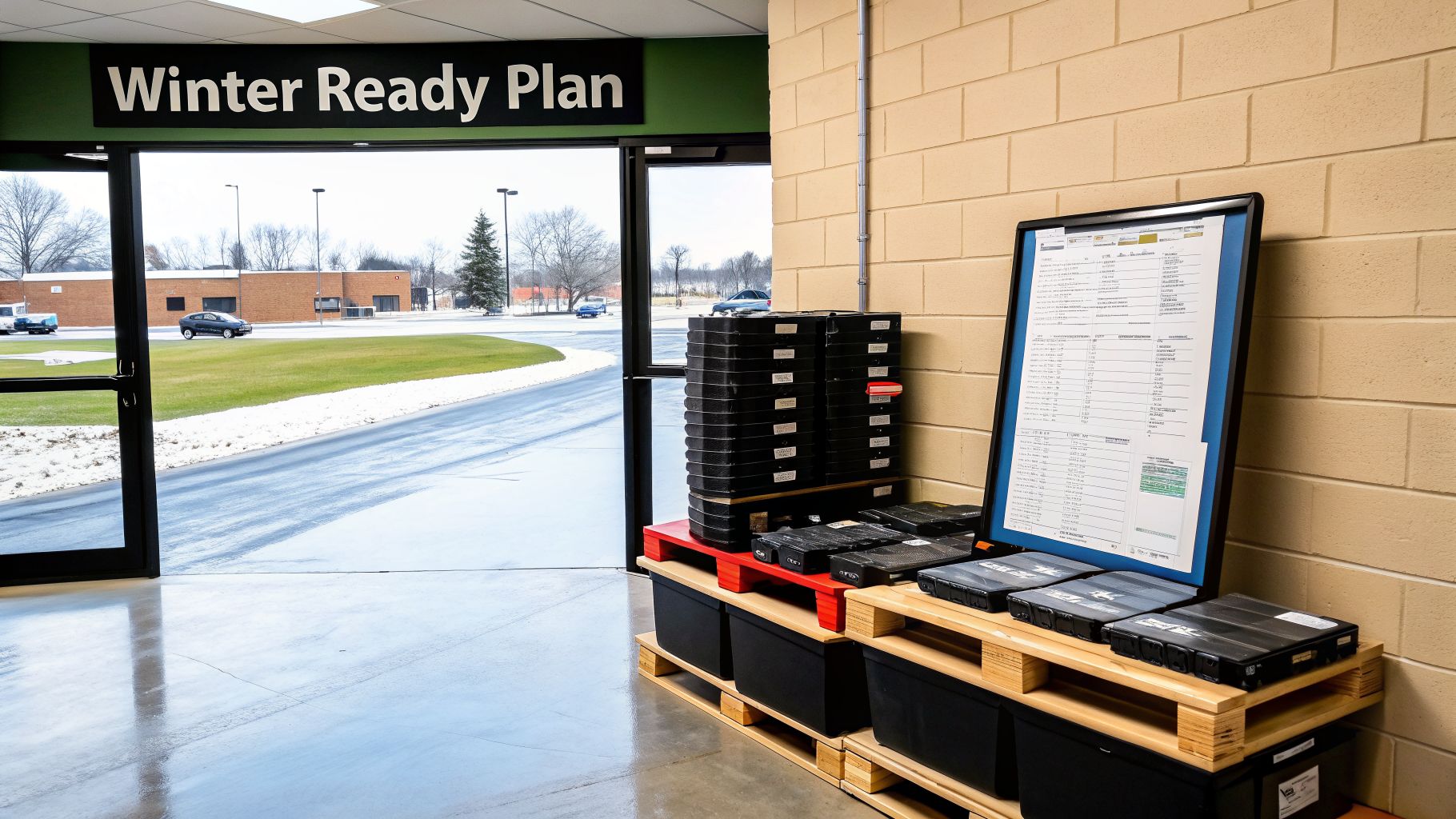 An indoor display featuring a 'Winter Ready Plan' sign and equipment, overlooking a snowy road.