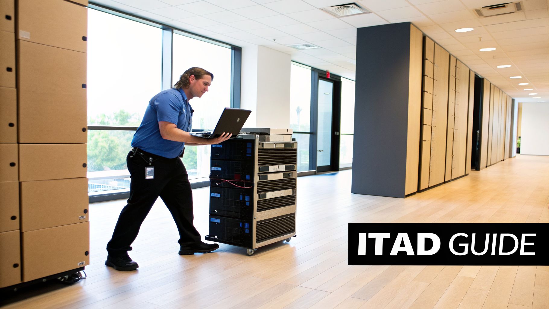 IT professional using a laptop to manage server racks in a modern office hallway.