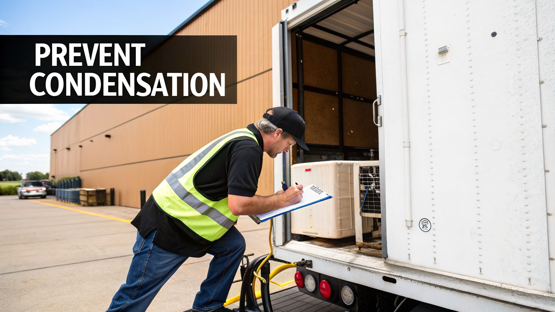 A worker in a high-visibility vest inspects equipment in a truck, with 'PREVENT CONDENSATION' text.