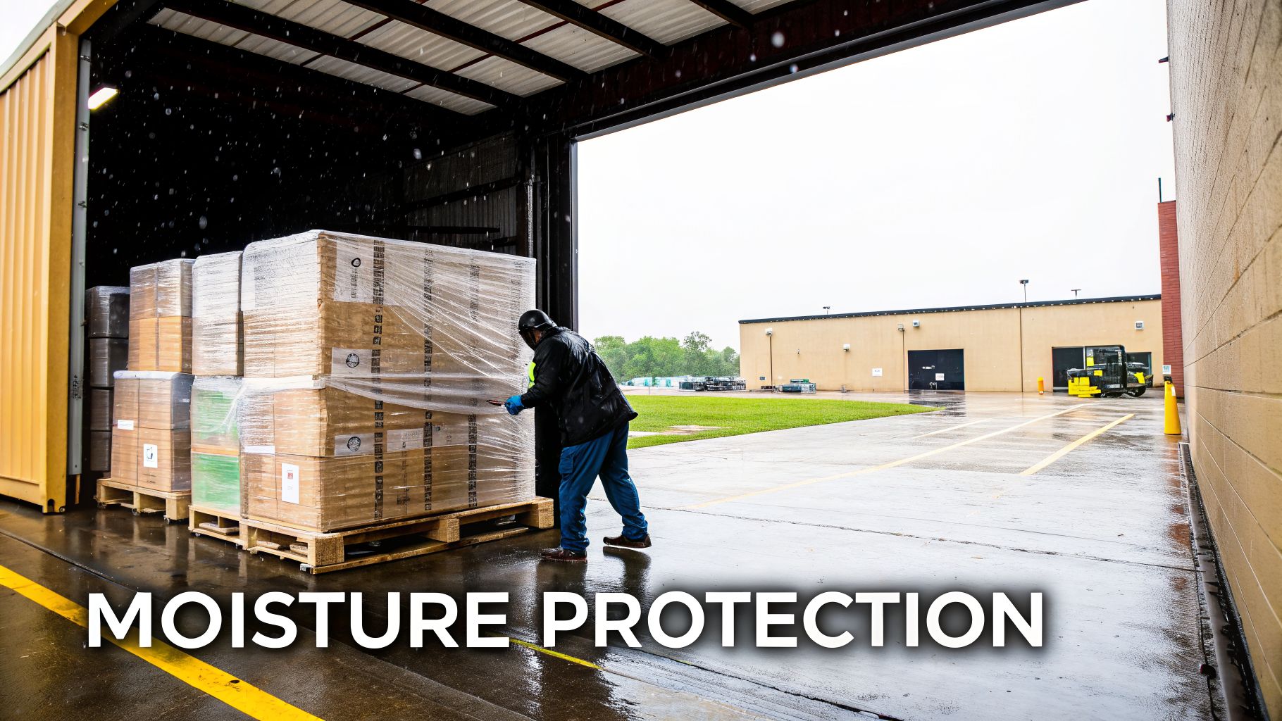 A worker wraps pallets of boxes with plastic for moisture protection at a loading dock during rain.