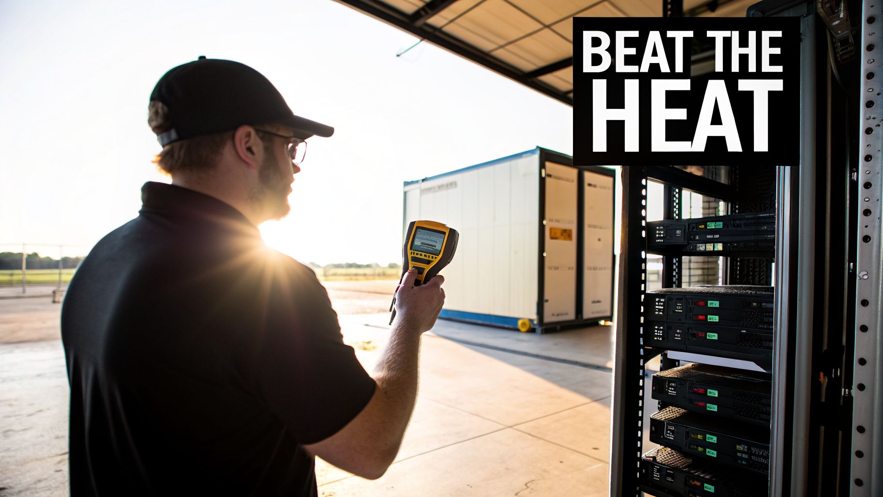 Worker uses a thermal imager to check temperatures on server racks and outdoor units.
