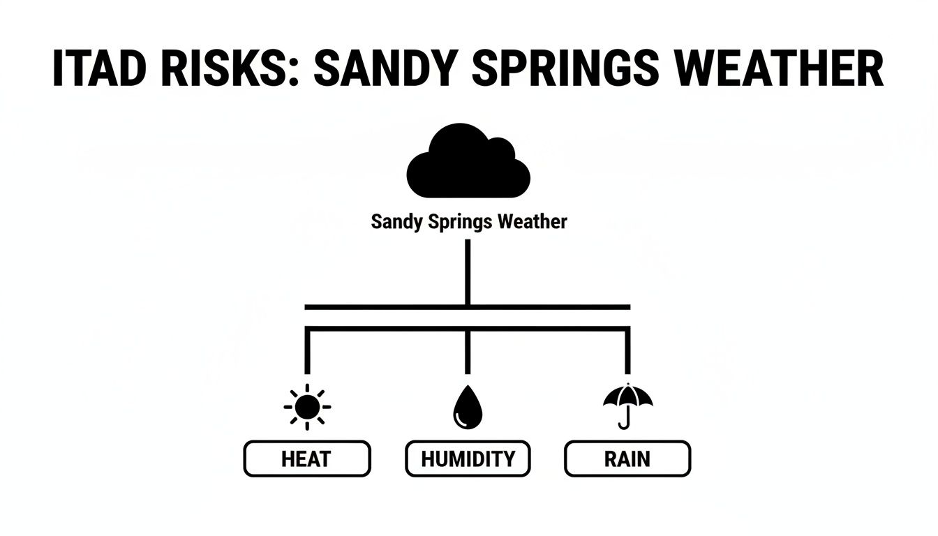 A diagram illustrating ITAD risks related to Sandy Springs weather, showing heat, humidity, and rain.