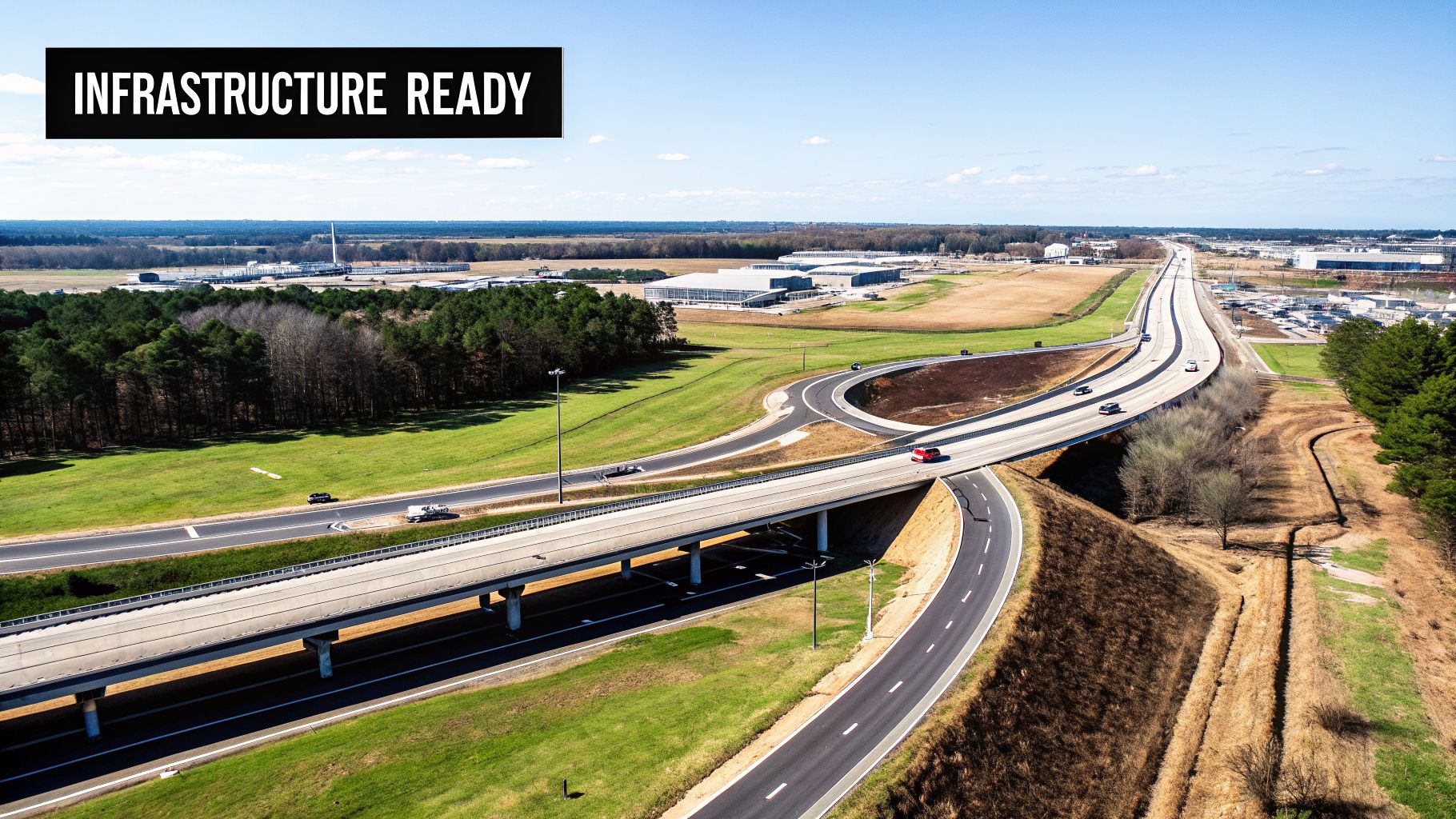 Aerial view of a modern highway interchange with multiple lanes and cars, surrounded by green landscape and industrial facilities.