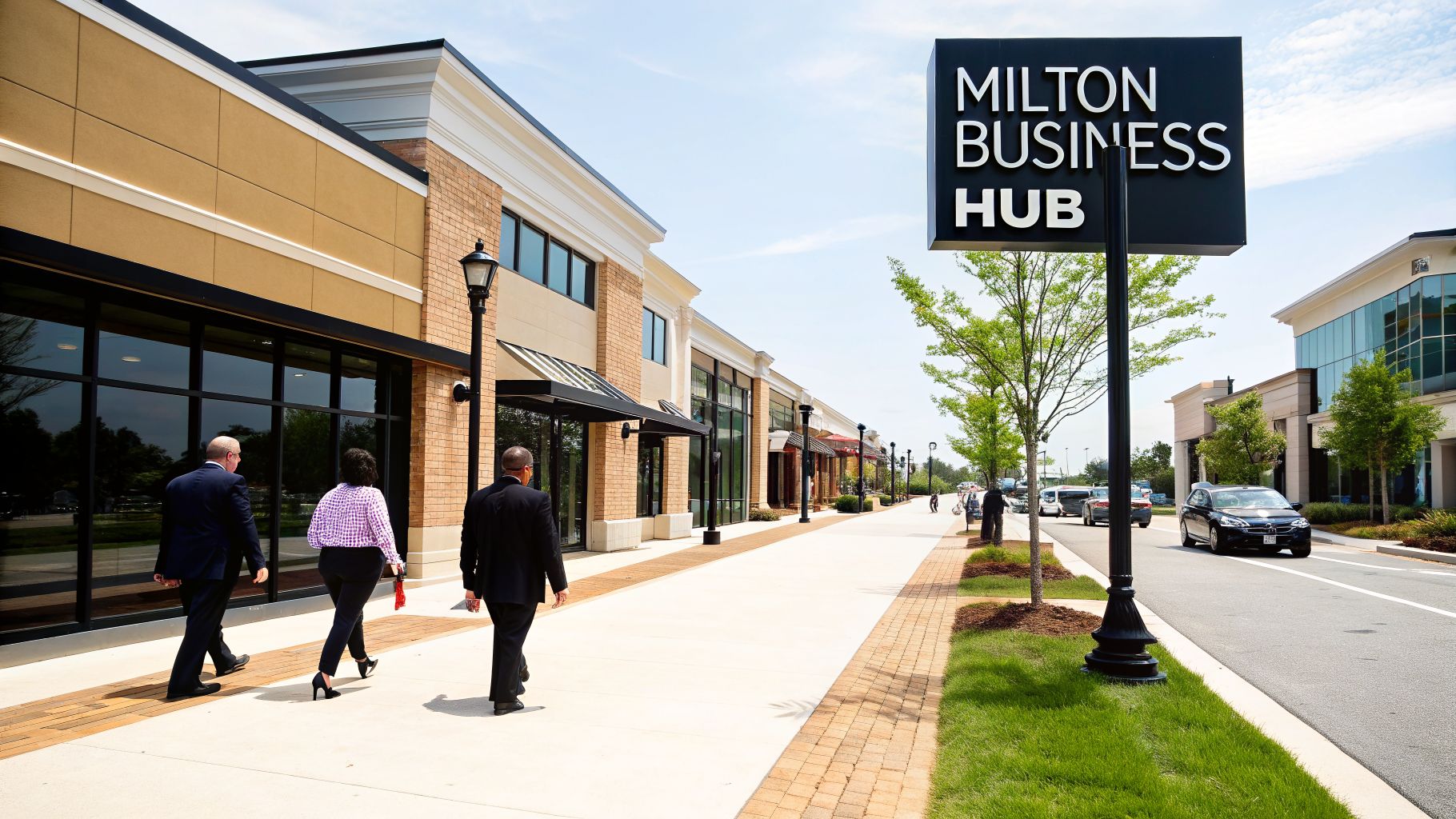 Three business professionals walk past modern buildings and a 'Milton Business Hub' sign on a sunny day.