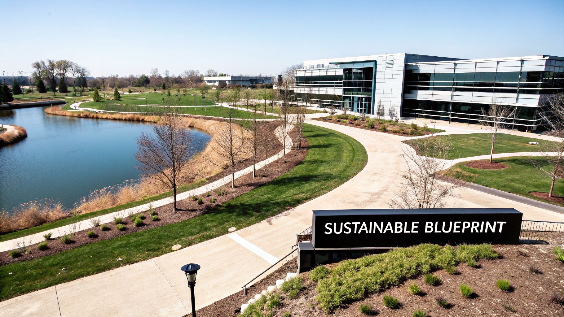 A modern office building with a 'SUSTAINABLE BLUEPRINT' sign, surrounded by a pond and green landscaping.