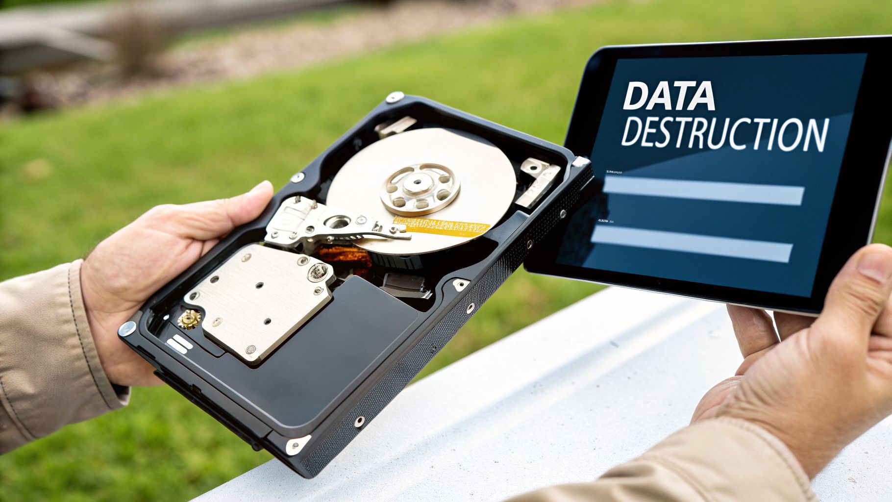 A person holds an opened hard drive and a tablet displaying "DATA DESTRUCTION" against a green background.
