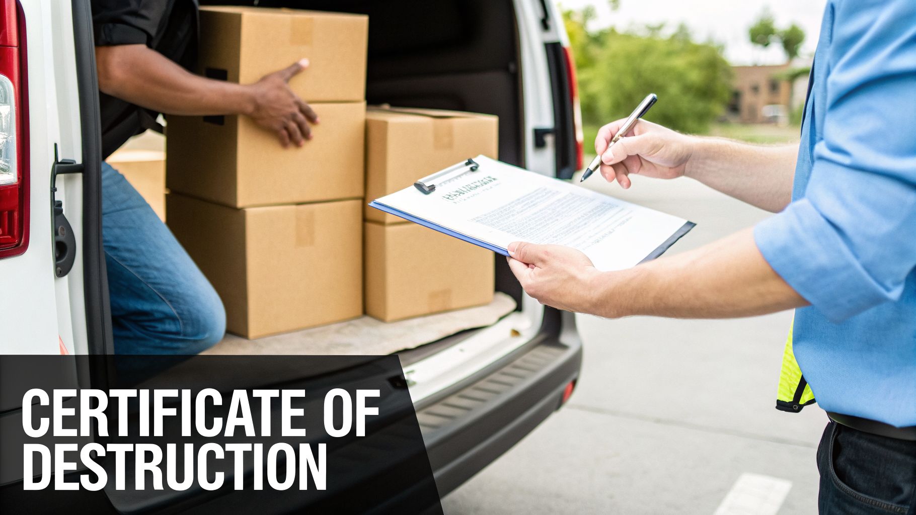 A person signing a certificate of destruction while another loads boxes into a delivery van.