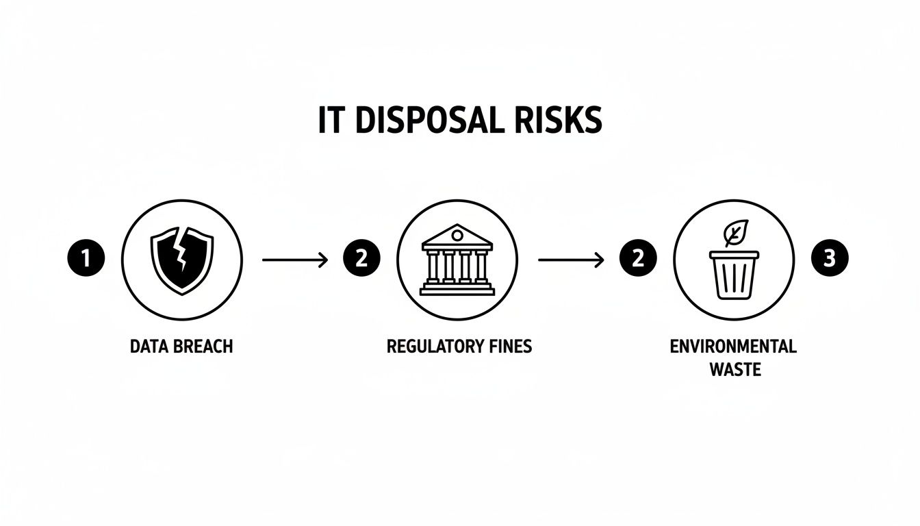 Infographic illustrating IT disposal risks including data breaches, regulatory fines, and environmental waste.