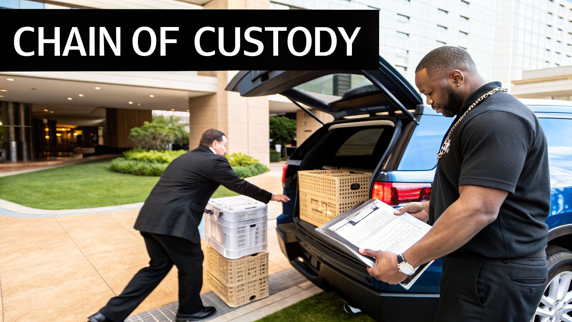 Two men manage crates of items from a blue SUV, one reviewing documents, ensuring secure transport.