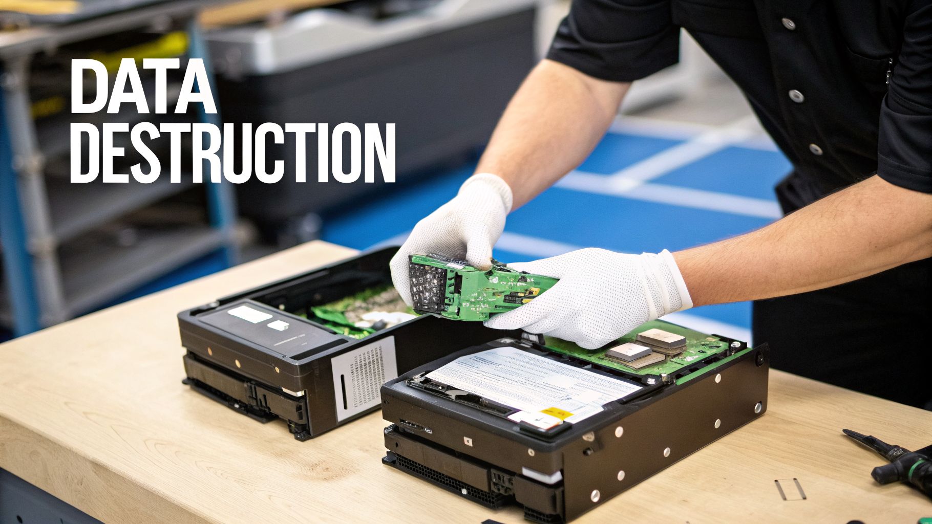 Professional disassembling computer hardware for secure data destruction, highlighting IT asset disposal.