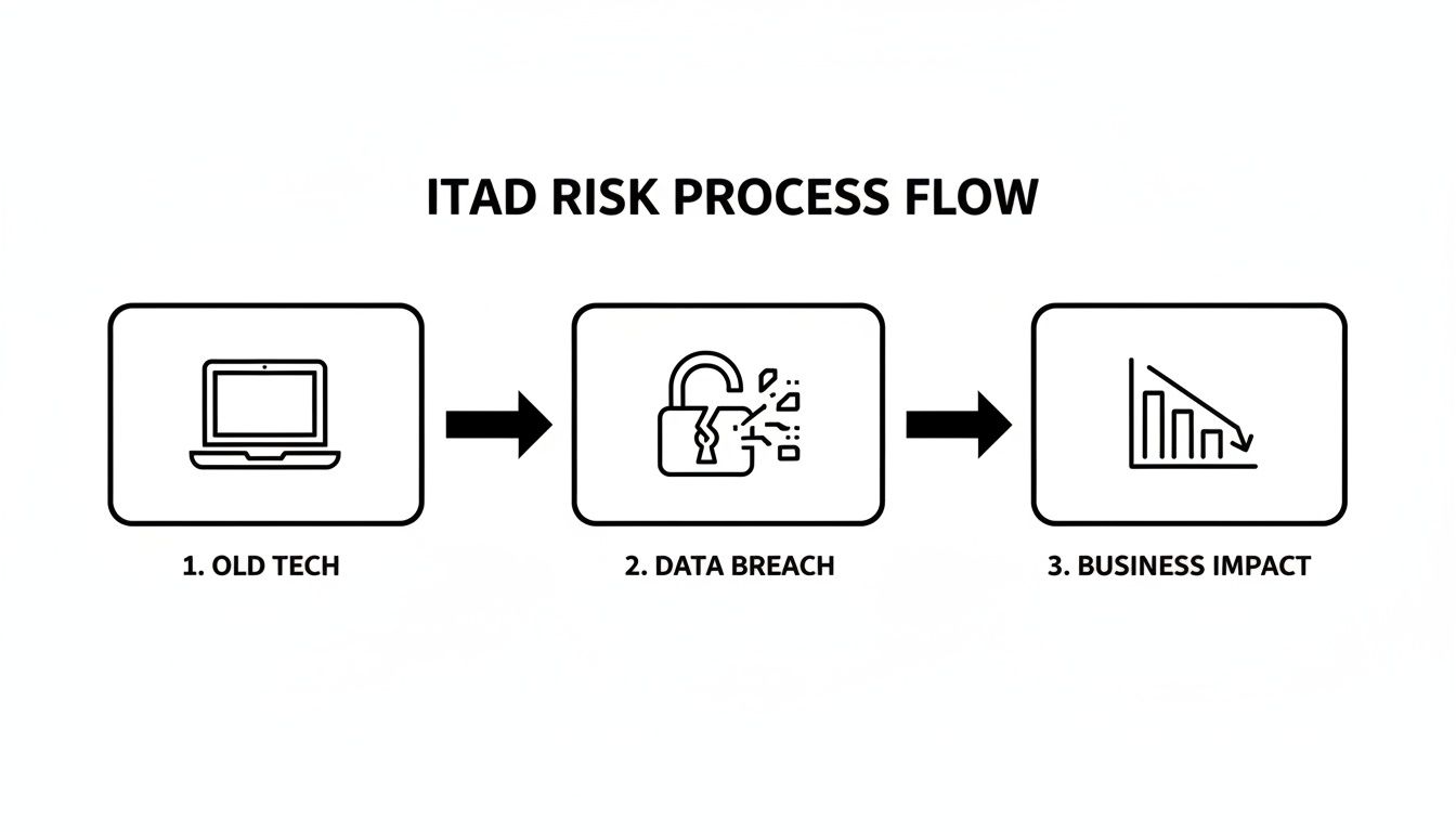 A diagram illustrating the ITAD risk process flow: old tech leads to data breach, causing business impact.