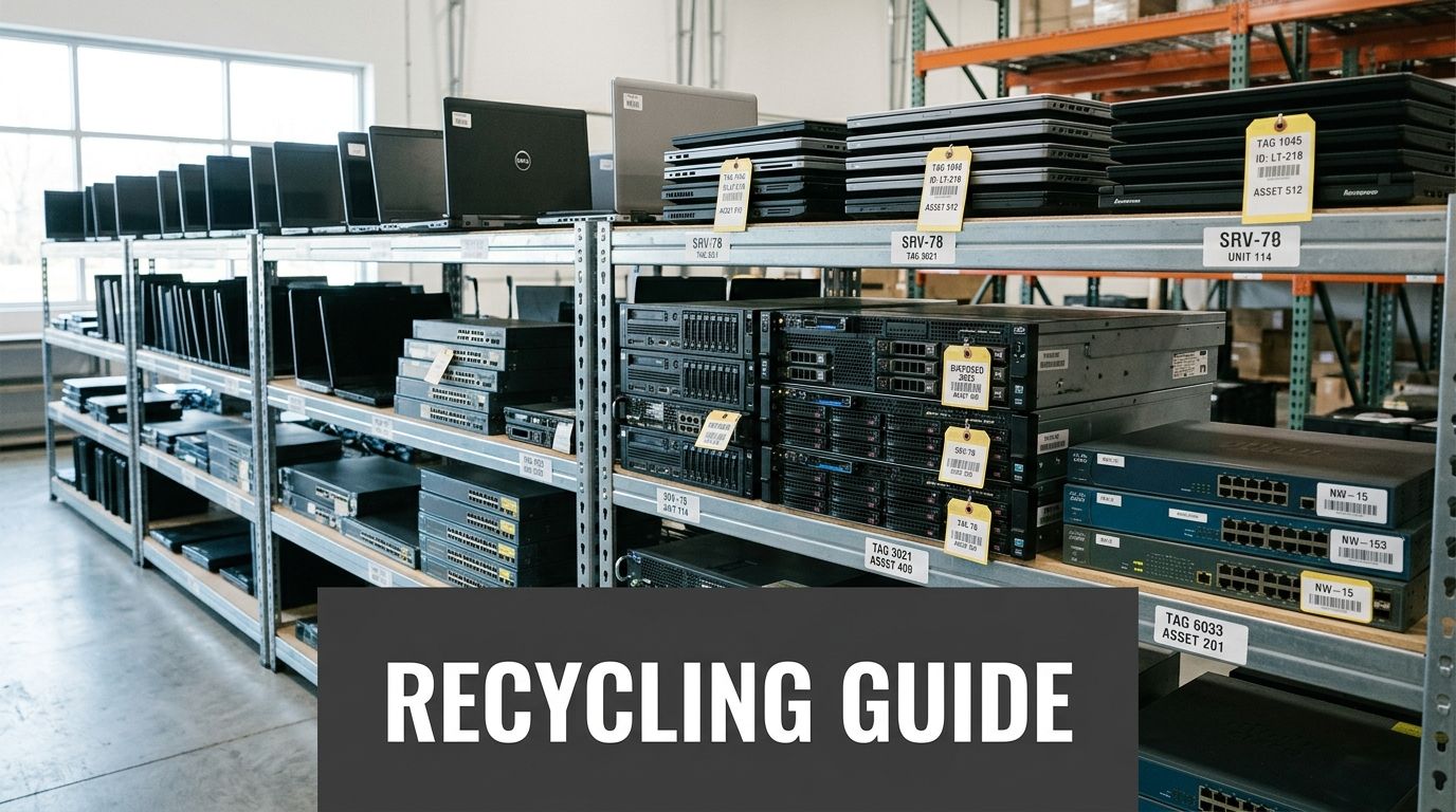 Shelves stacked with used laptops, servers, and network equipment ready for electronics recycling.