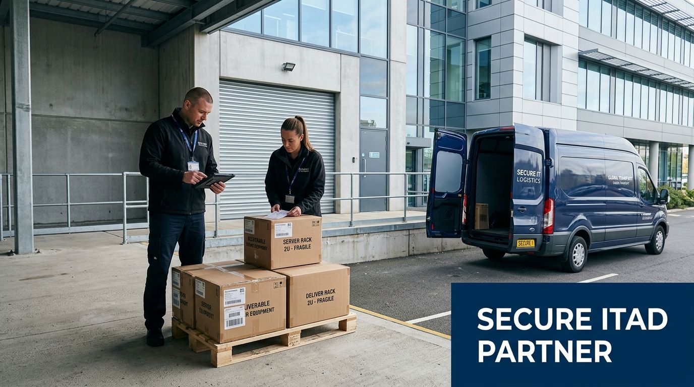 Two logistics workers checking server rack boxes on a pallet next to a Secure IT Logistics van.
