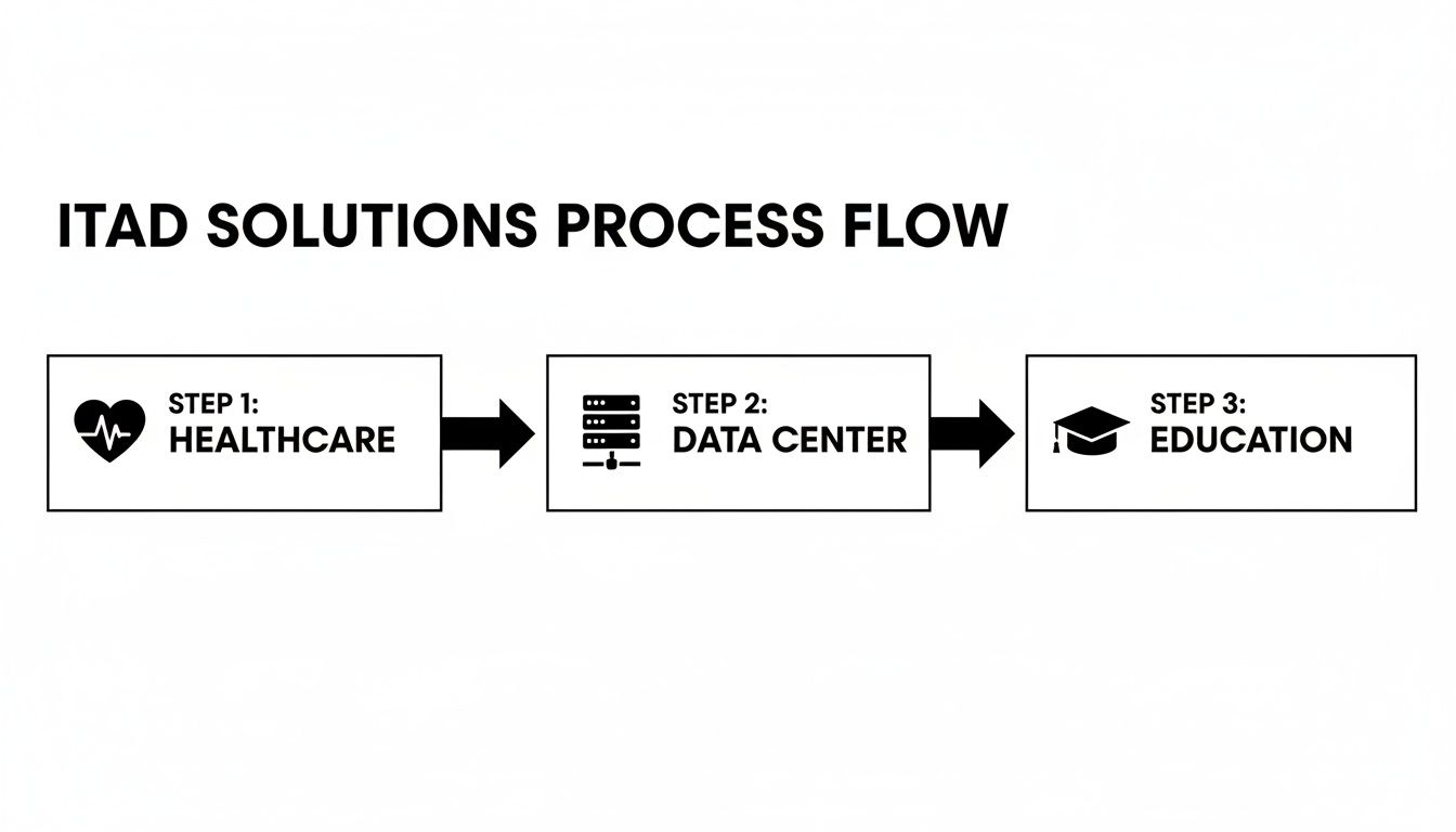 An ITAD solutions process flow chart showing steps for healthcare, data center, and education.