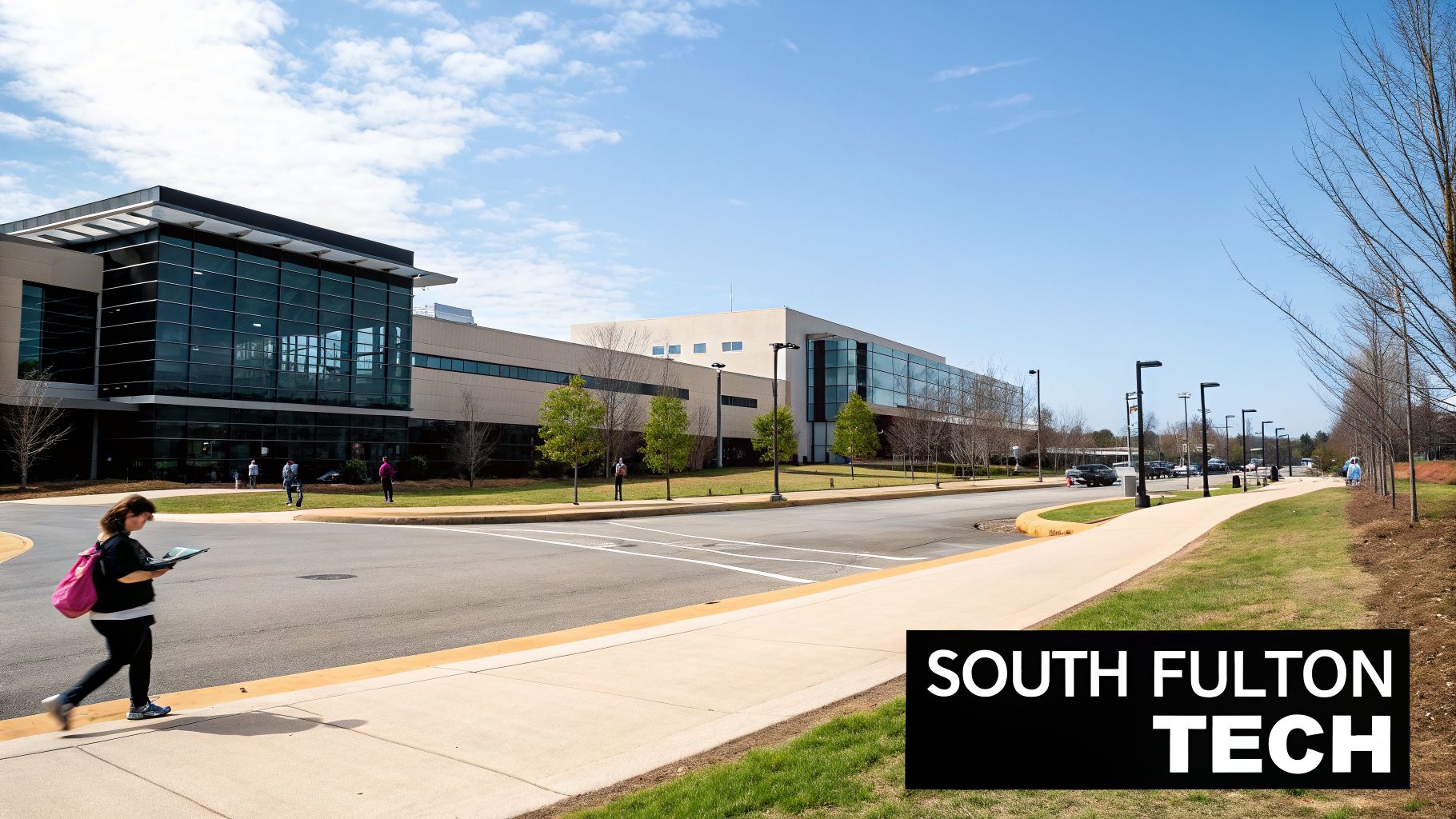 A student walks along a sidewalk in front of the modern South Fulton Tech campus building on a sunny day.