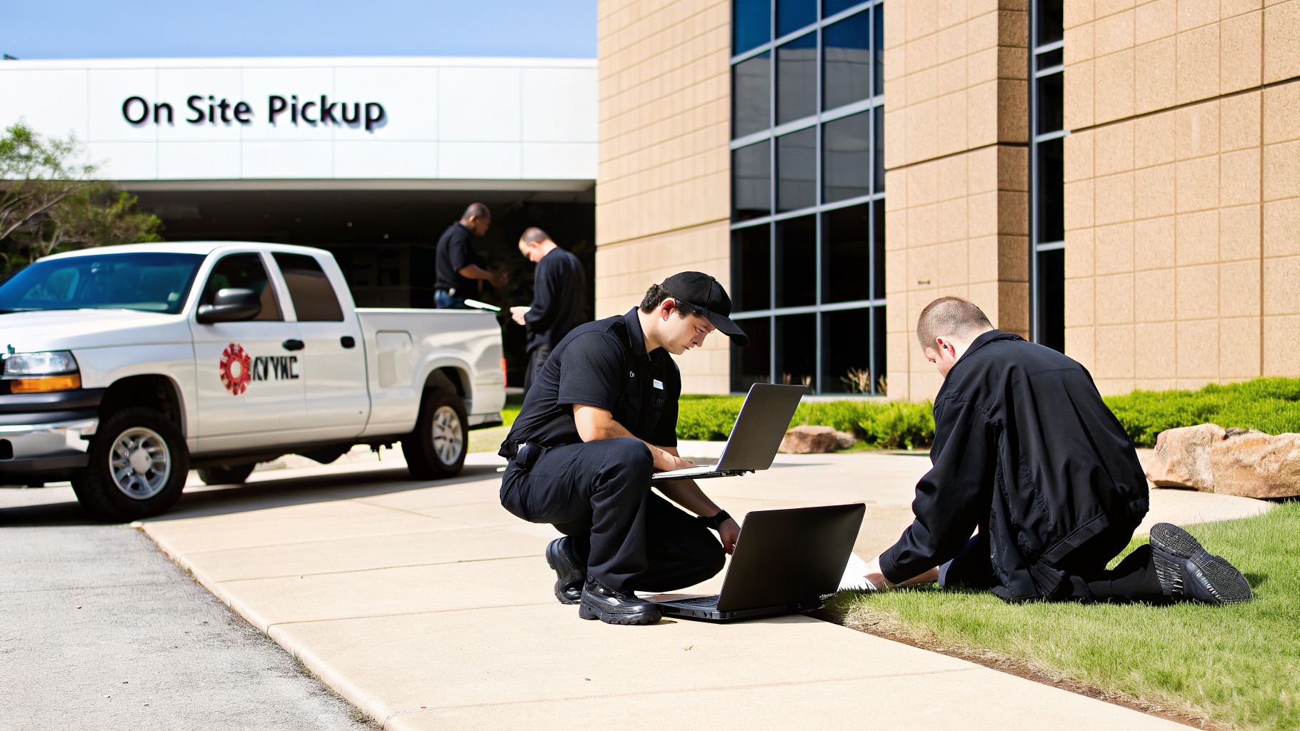 Service technicians in black uniforms working with laptops outdoors near a white truck and building.