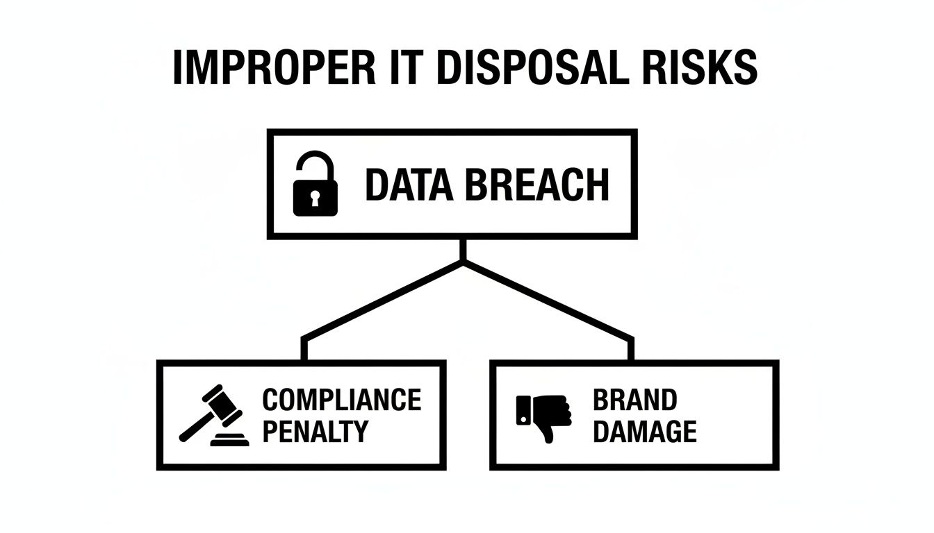 A flowchart illustrating the risks of improper IT disposal: data breach, leading to compliance penalties and brand damage.