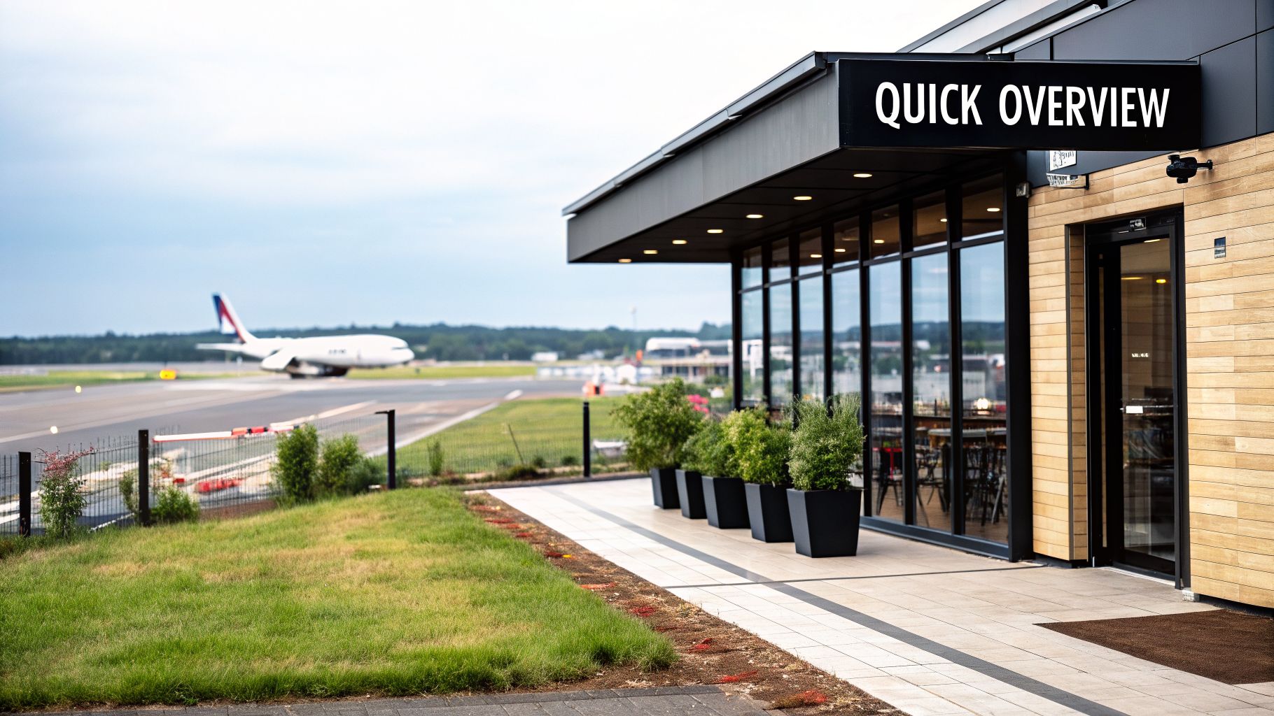 Modern airport bistro with a 'Quick Overview' sign and a plane on the tarmac.