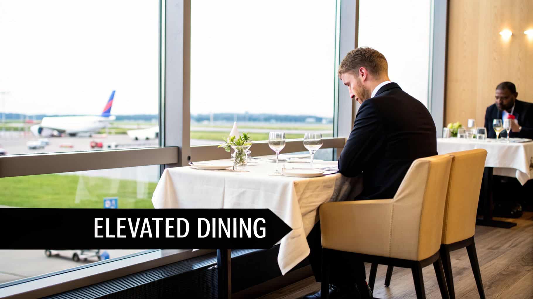 A man in a suit dines in an upscale restaurant with large windows overlooking an airport tarmac.