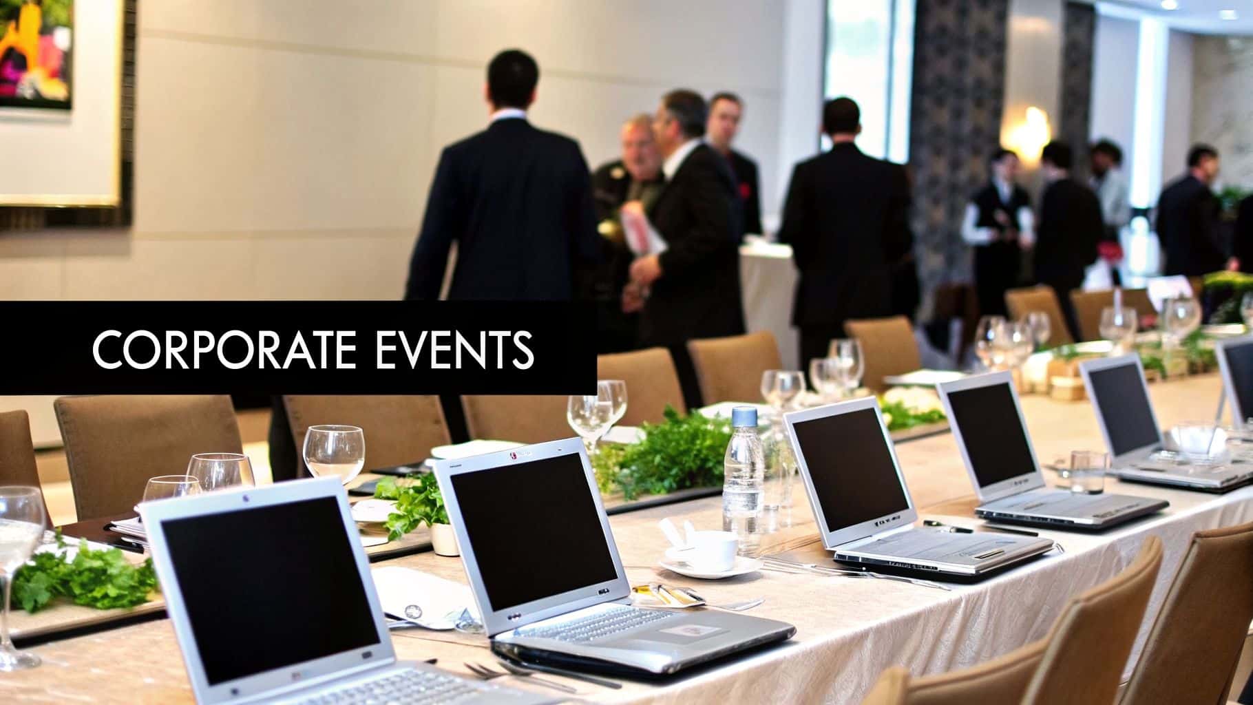 Laptops arranged on a conference table during a corporate event with attendees in suits.