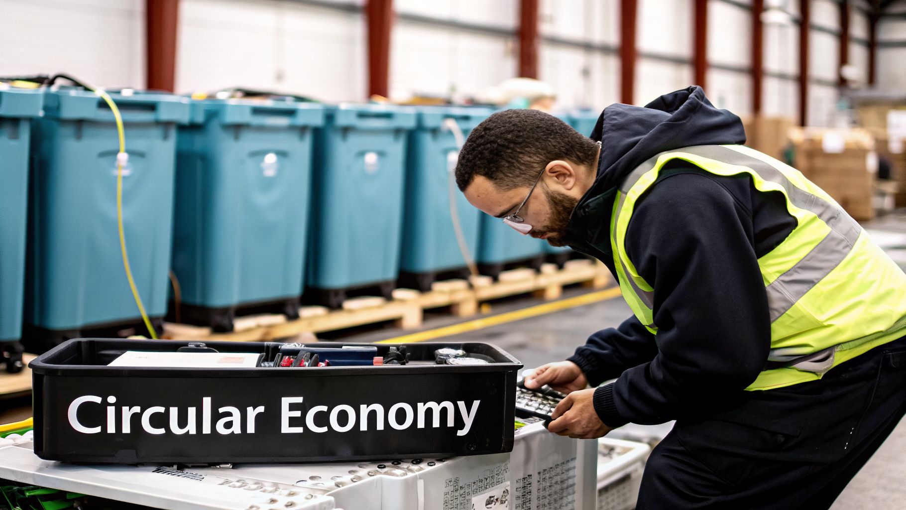 Worker inspecting electronics in a warehouse with "Circular Economy" labeled on a tray.