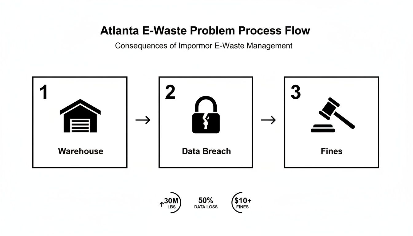Flowchart illustrating Atlanta's e-waste problem, detailing the progression from warehouses to data breaches and fines.