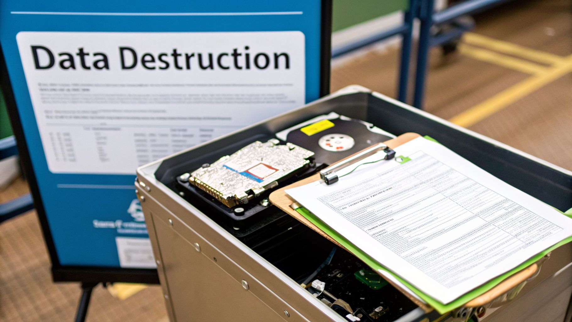 A data destruction sign next to a box filled with old hard drives and electronics, with a clipboard.
