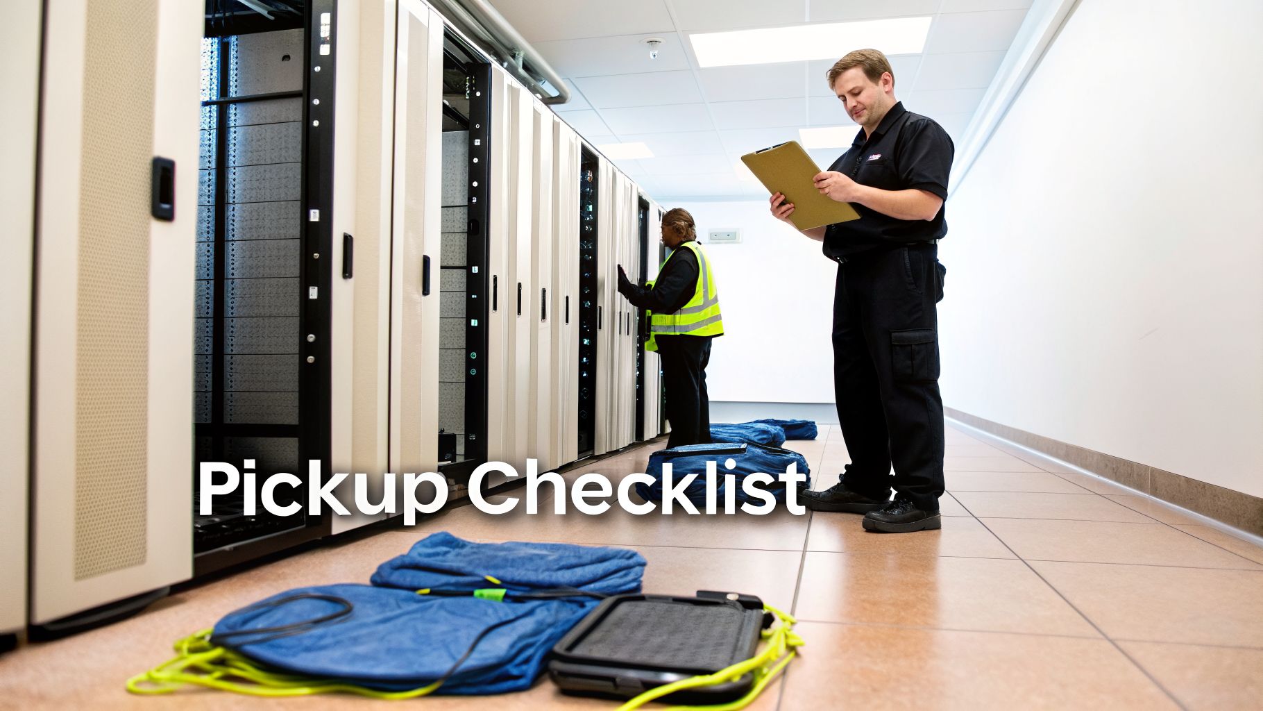 Two IT technicians in a data center, one reviewing a checklist while the other works on server racks.