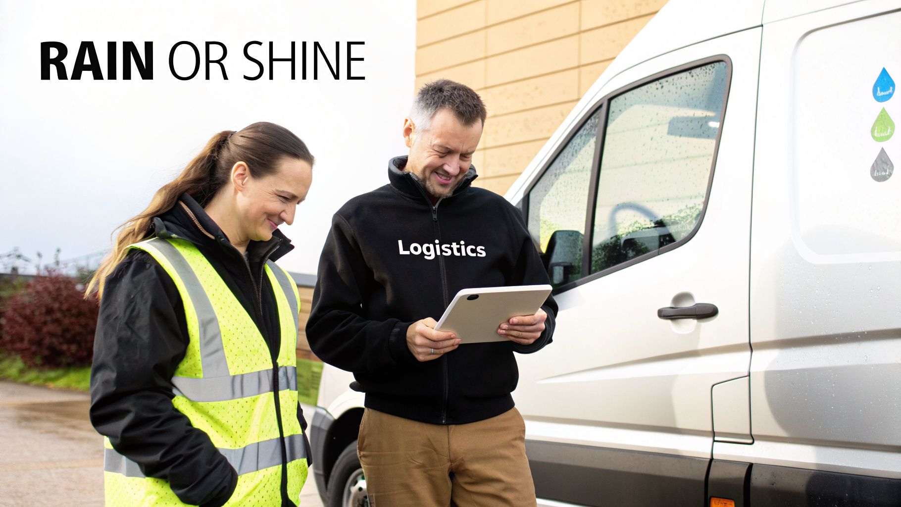 Two logistics workers, one in a high-vis vest, check a tablet next to a delivery van on a rainy day.