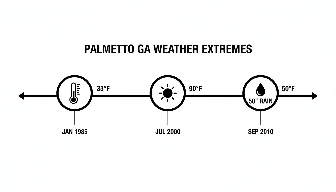 Timeline of Palmetto, GA weather extremes: 33°F (Jan 1985), 90°F (Jul 2000), 50" rain (Sep 2010).