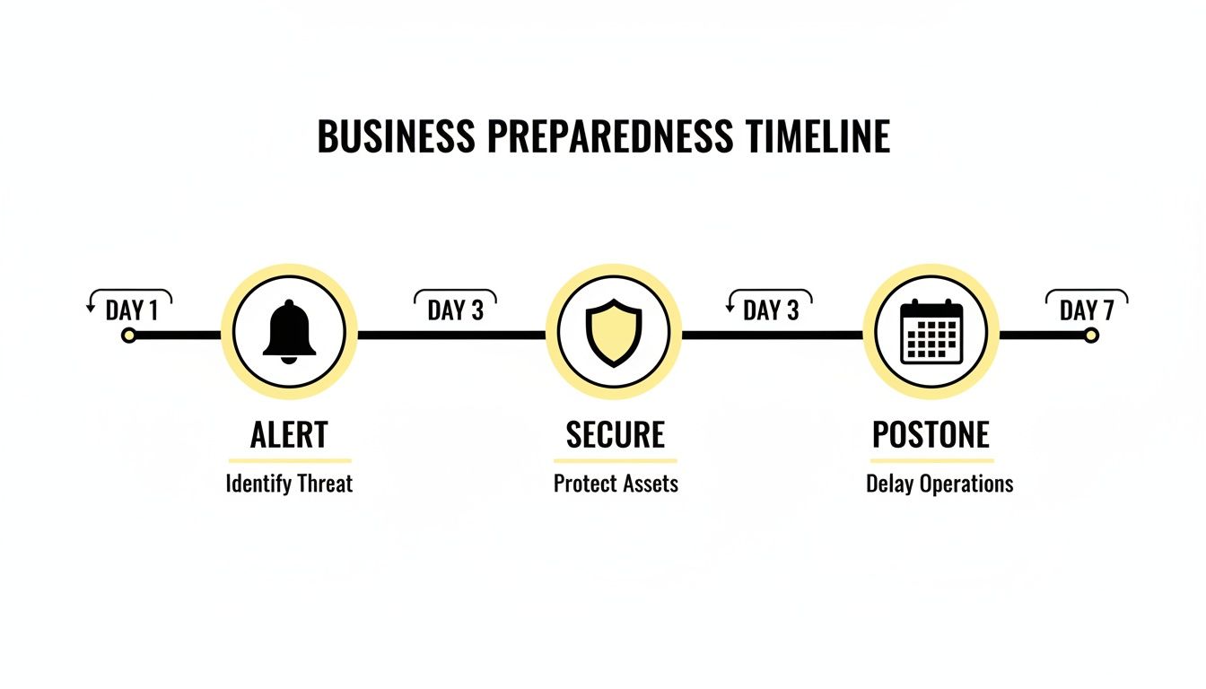 A business preparedness timeline flowchart showing stages: Alert, Secure, and Postpone over seven days.