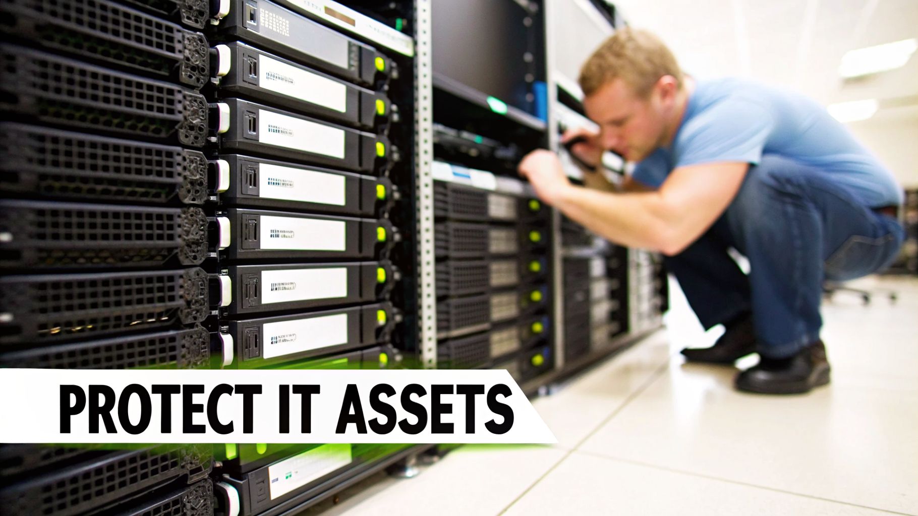 A male IT technician works on server racks in a data center, emphasizing protecting IT assets.