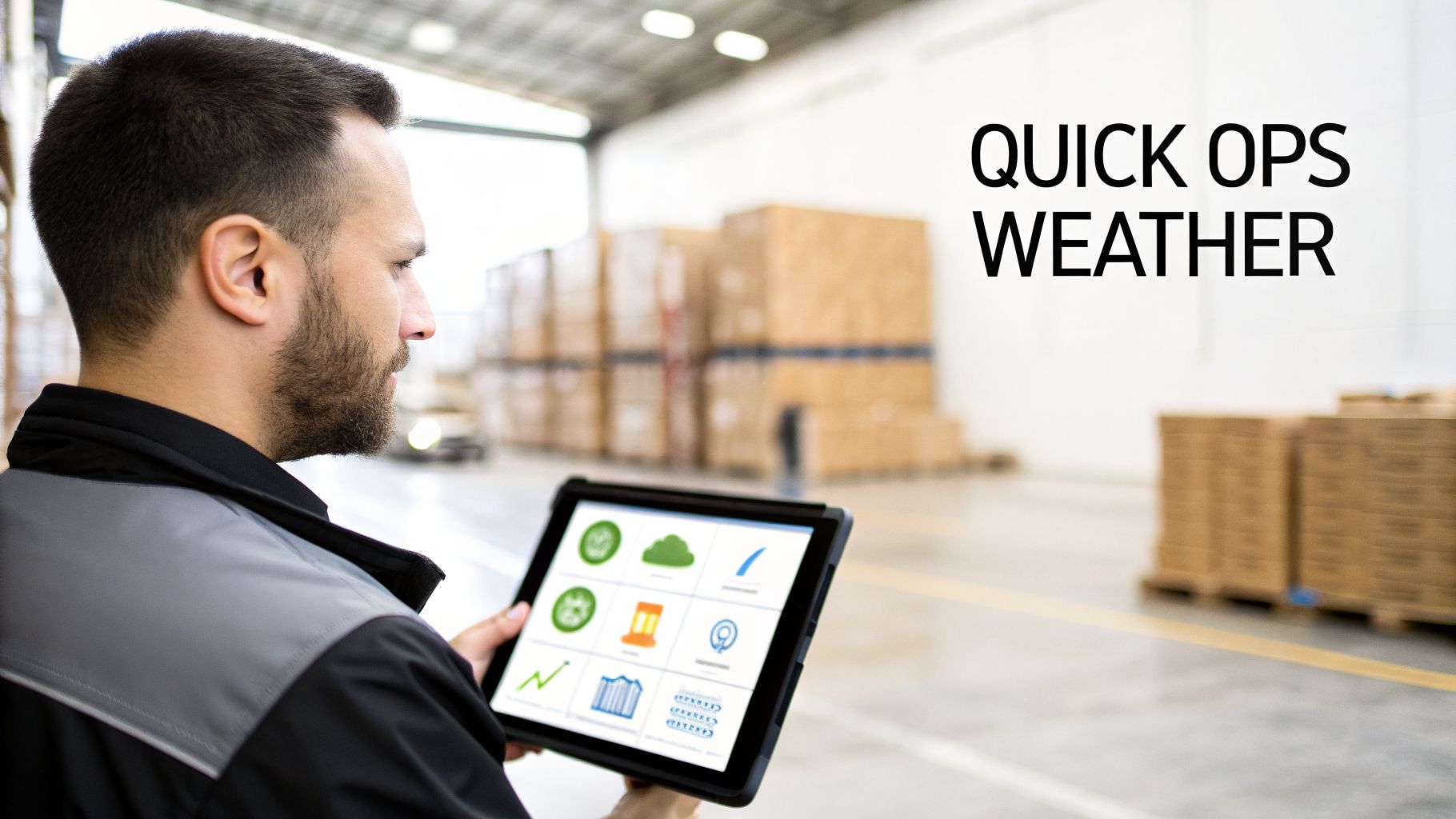 Man in a warehouse reviews logistics and weather data on a tablet, optimizing operations.