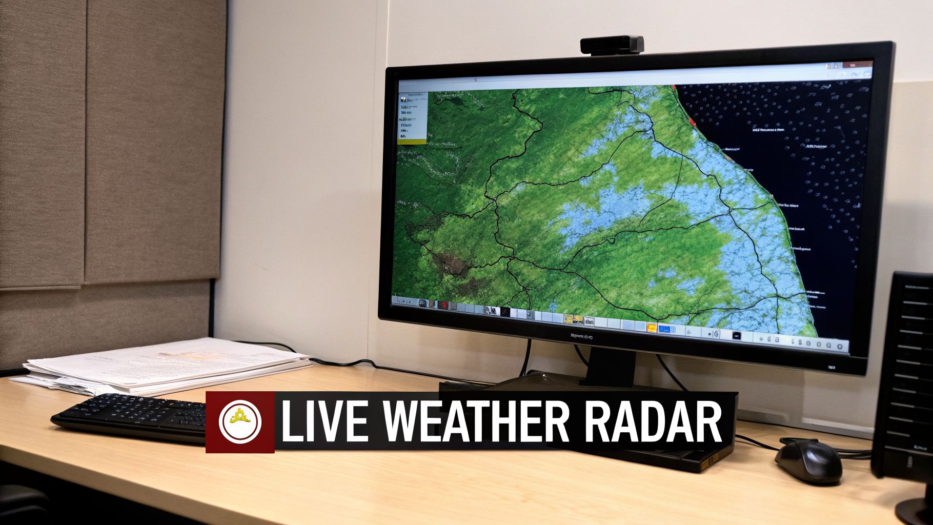 A computer monitor displays a detailed weather radar map on an office desk.
