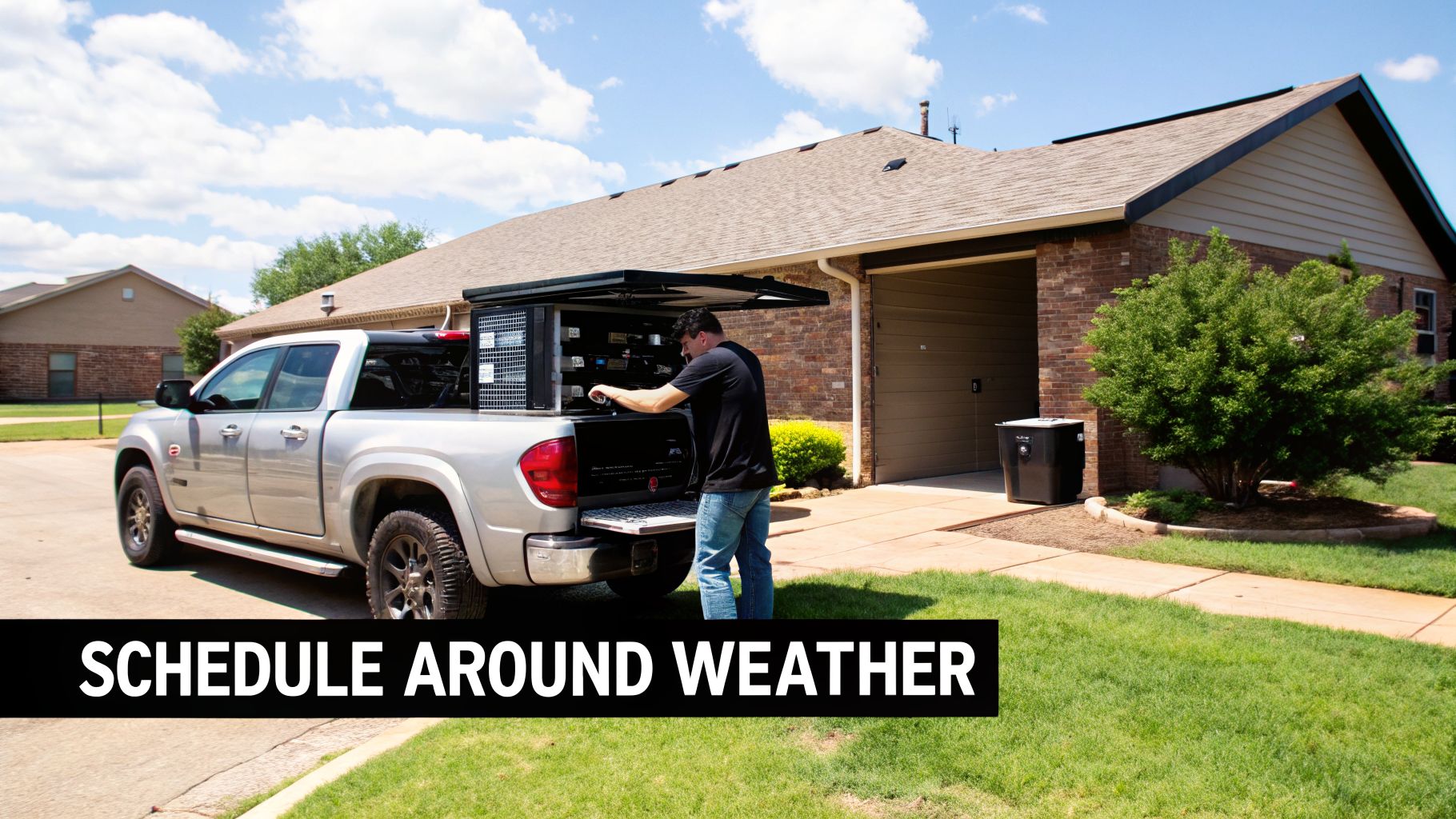 A man works on a customized silver pickup truck with an open mobile workshop on a sunny day.