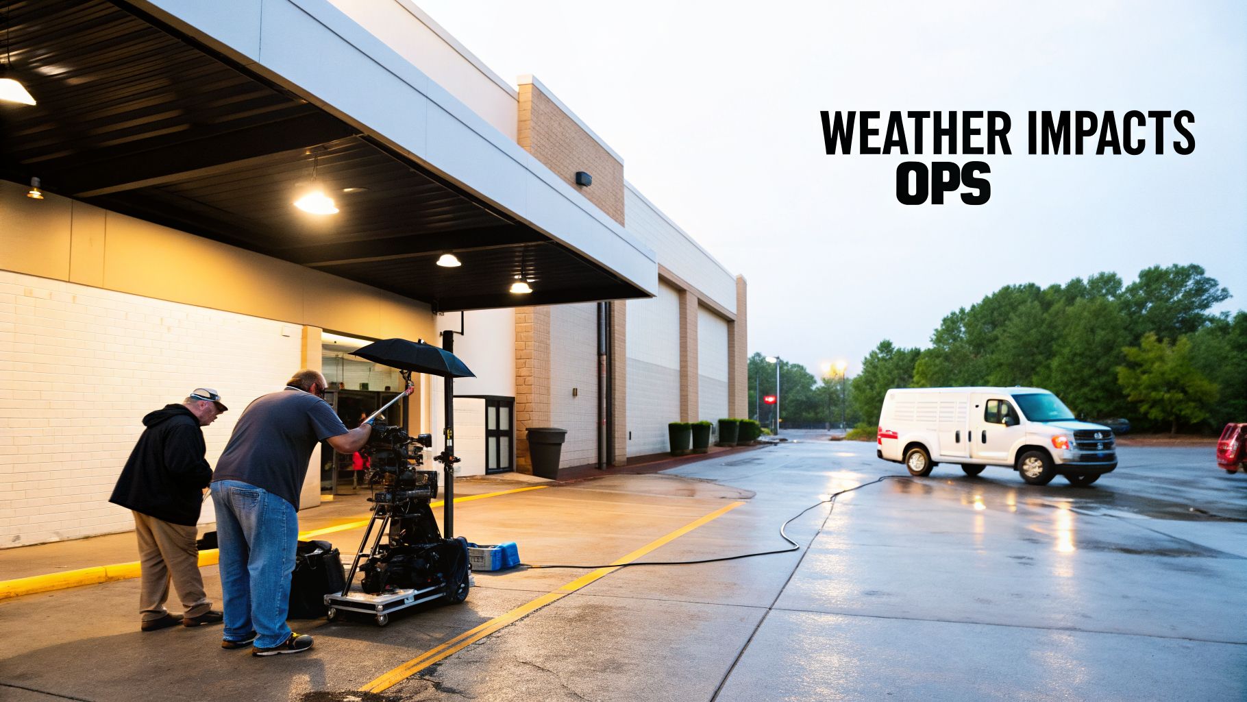 Two men operate camera equipment under an awning on a wet day, with a white van nearby.