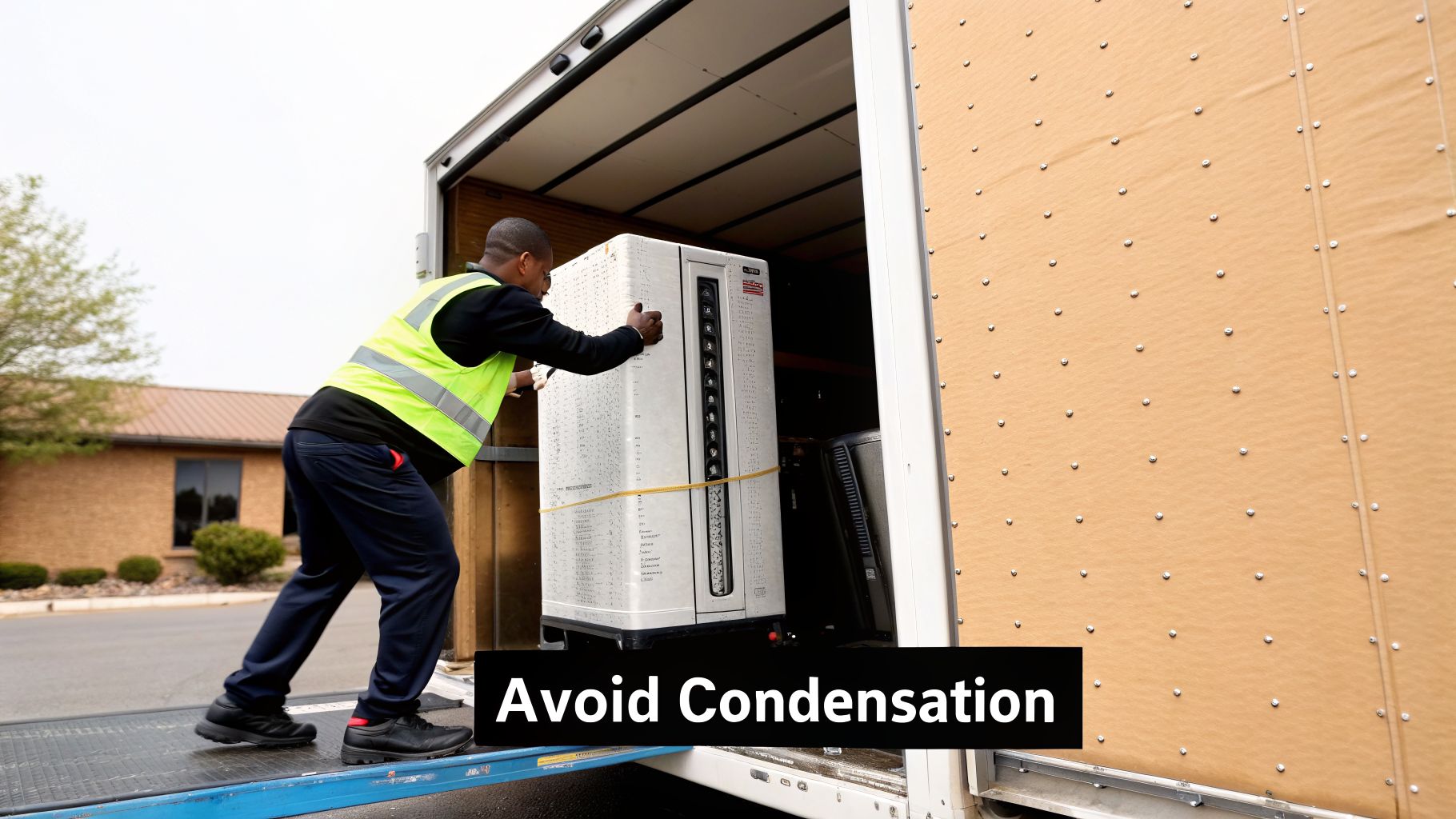 A man in a safety vest pushes a large white machine onto a truck's loading ramp.