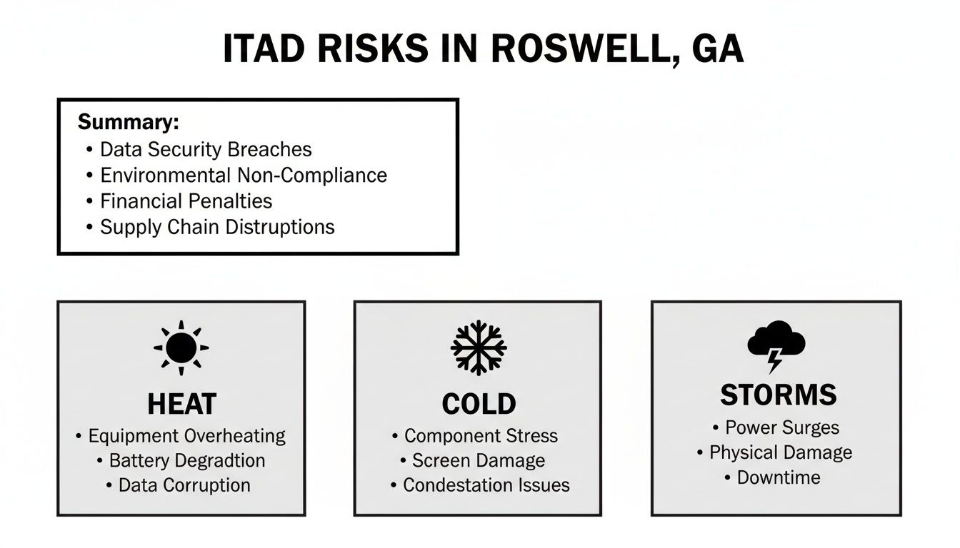 An infographic outlining ITAD risks in Roswell, GA, covering summary, heat, cold, and storm impacts.
