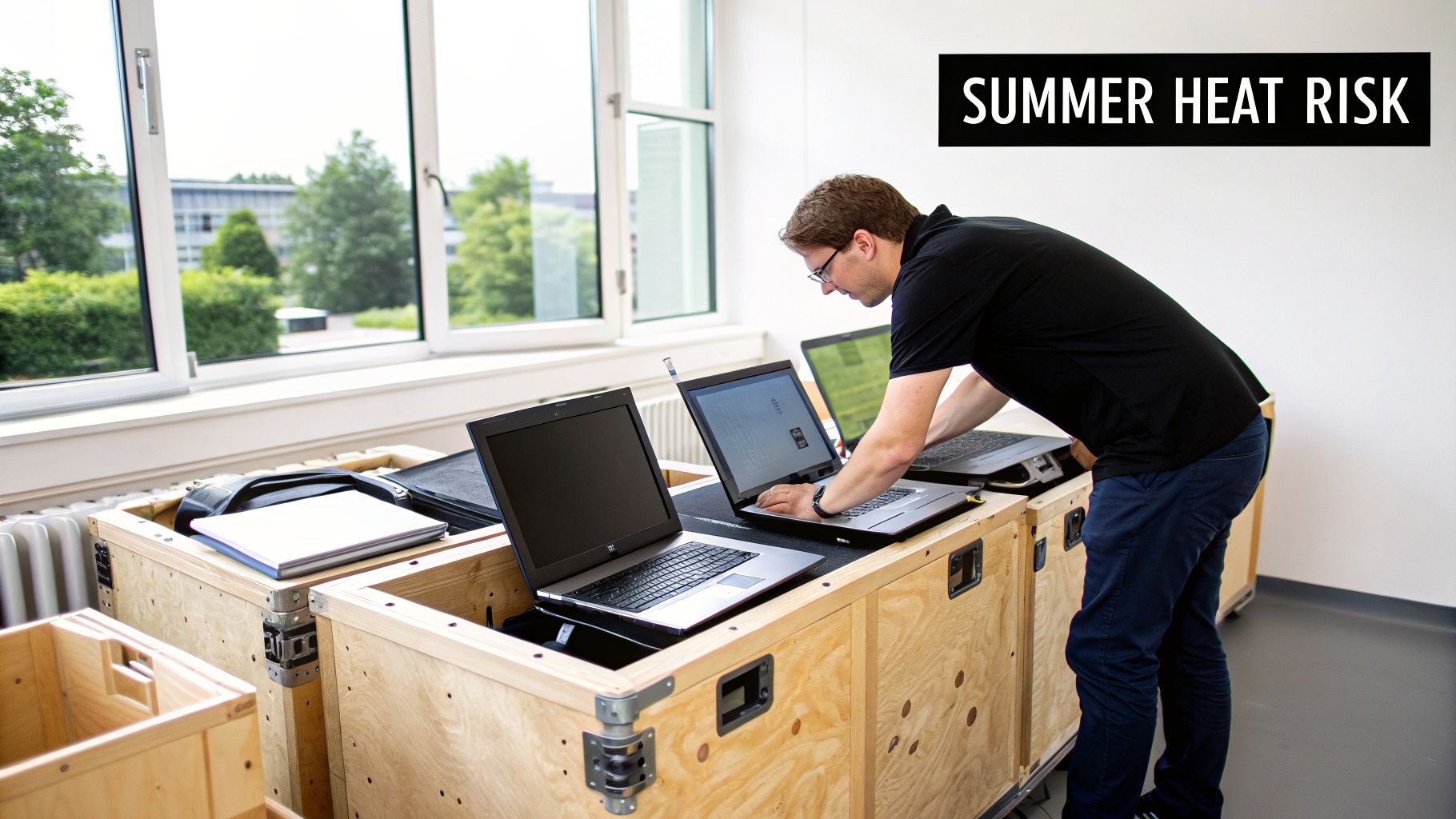 A man in glasses works on multiple laptops stored in sturdy wooden crates near a window.