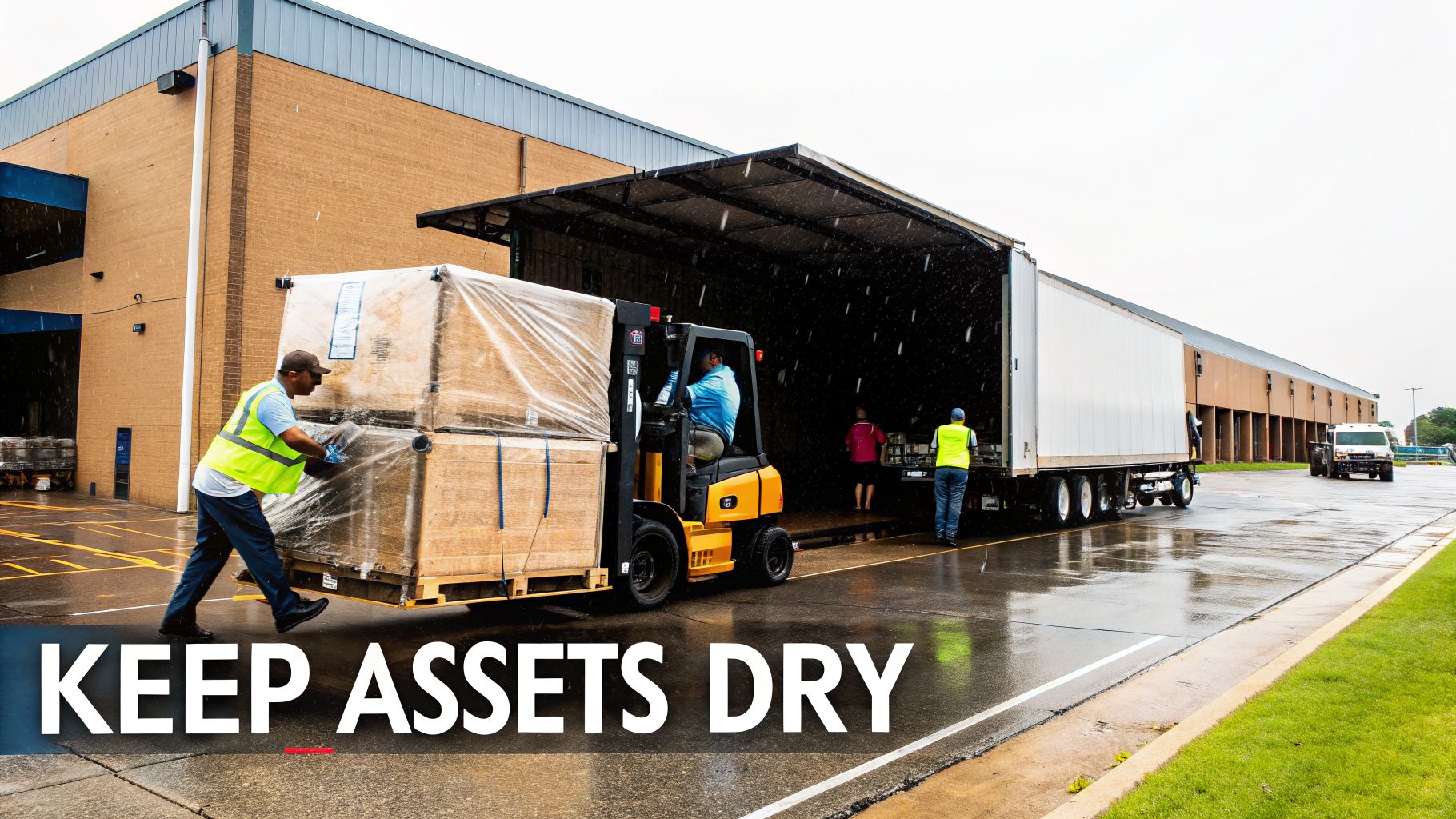 Workers use a forklift to load plastic-wrapped pallets into a semi-truck at a rainy loading dock.