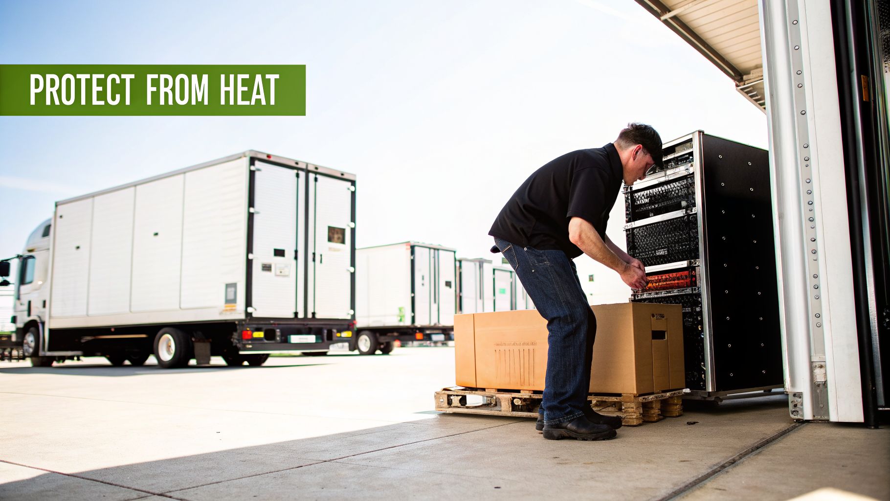 A man loads server racks into a truck at a sunny outdoor loading dock with a 'PROTECT FROM HEAT' sign.
