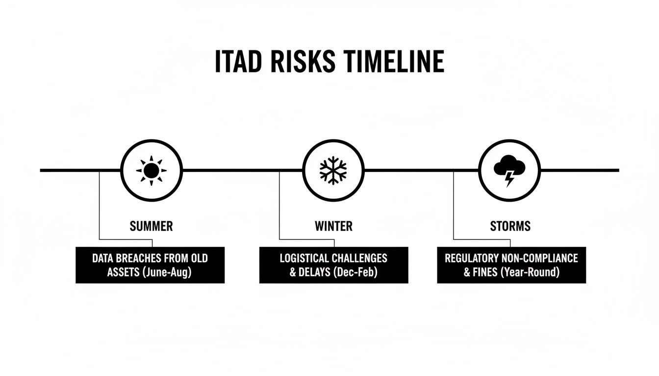 An ITAD risks timeline showing seasonal challenges: summer data breaches, winter logistics, and year-round regulatory non-compliance.